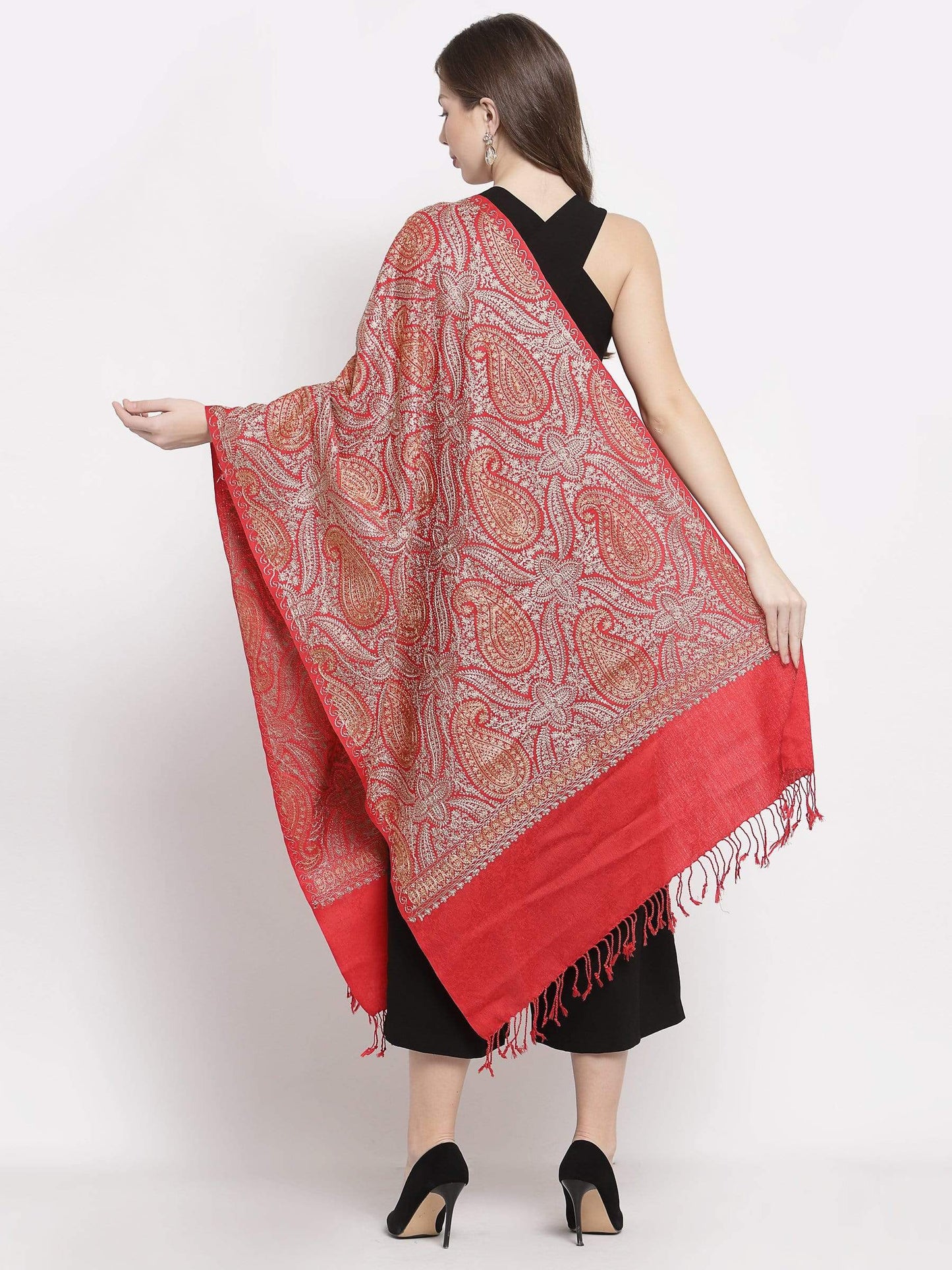 Pashtush India 70x200 Pashtush Womens Fine Wool Stole, With Silky Nalki Embroidery, Self Weave, Crimson Red