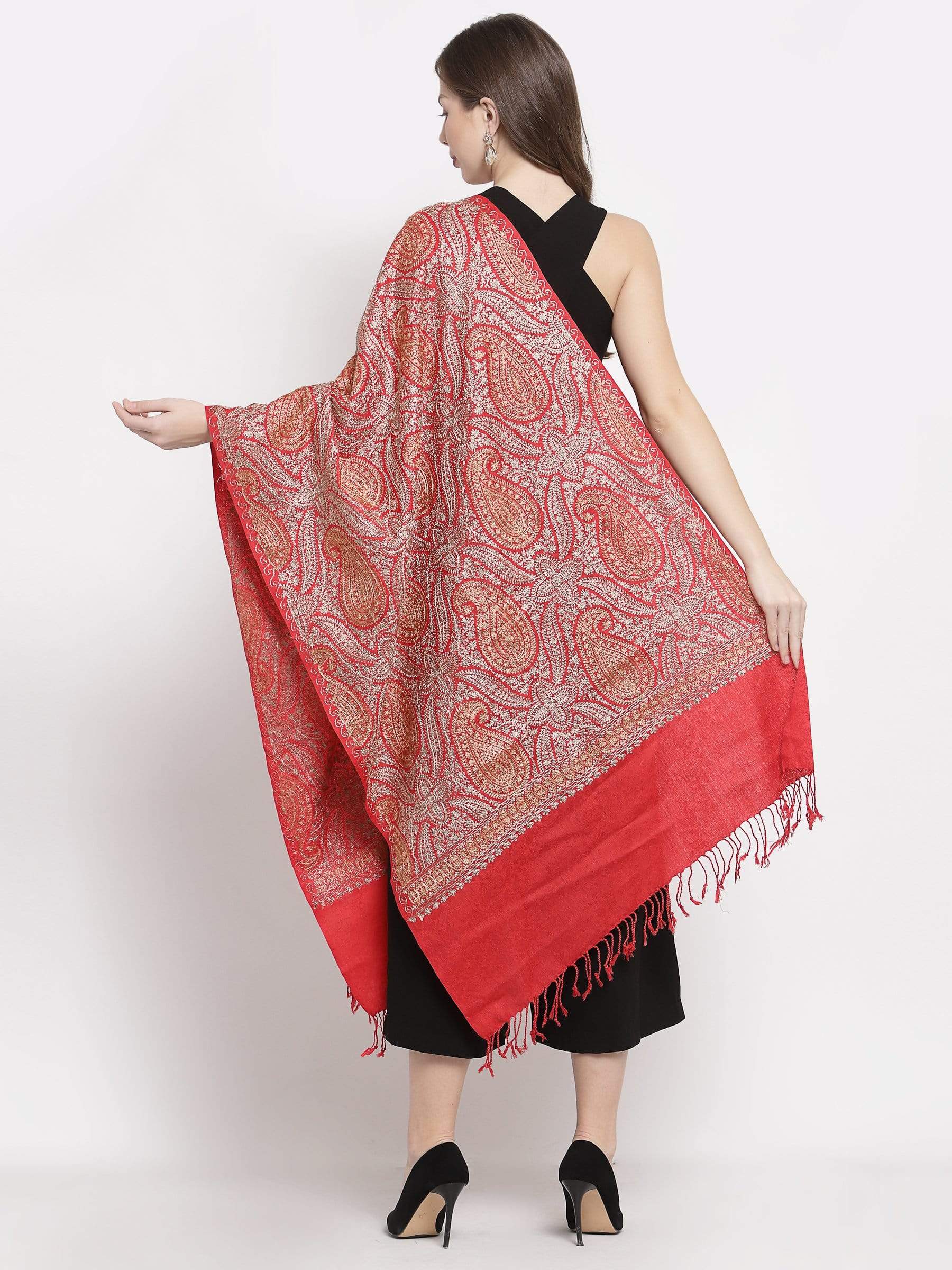 Pashtush India 70x200 Pashtush Womens Fine Wool Stole, With Silky Nalki Embroidery, Self Weave, Crimson Red
