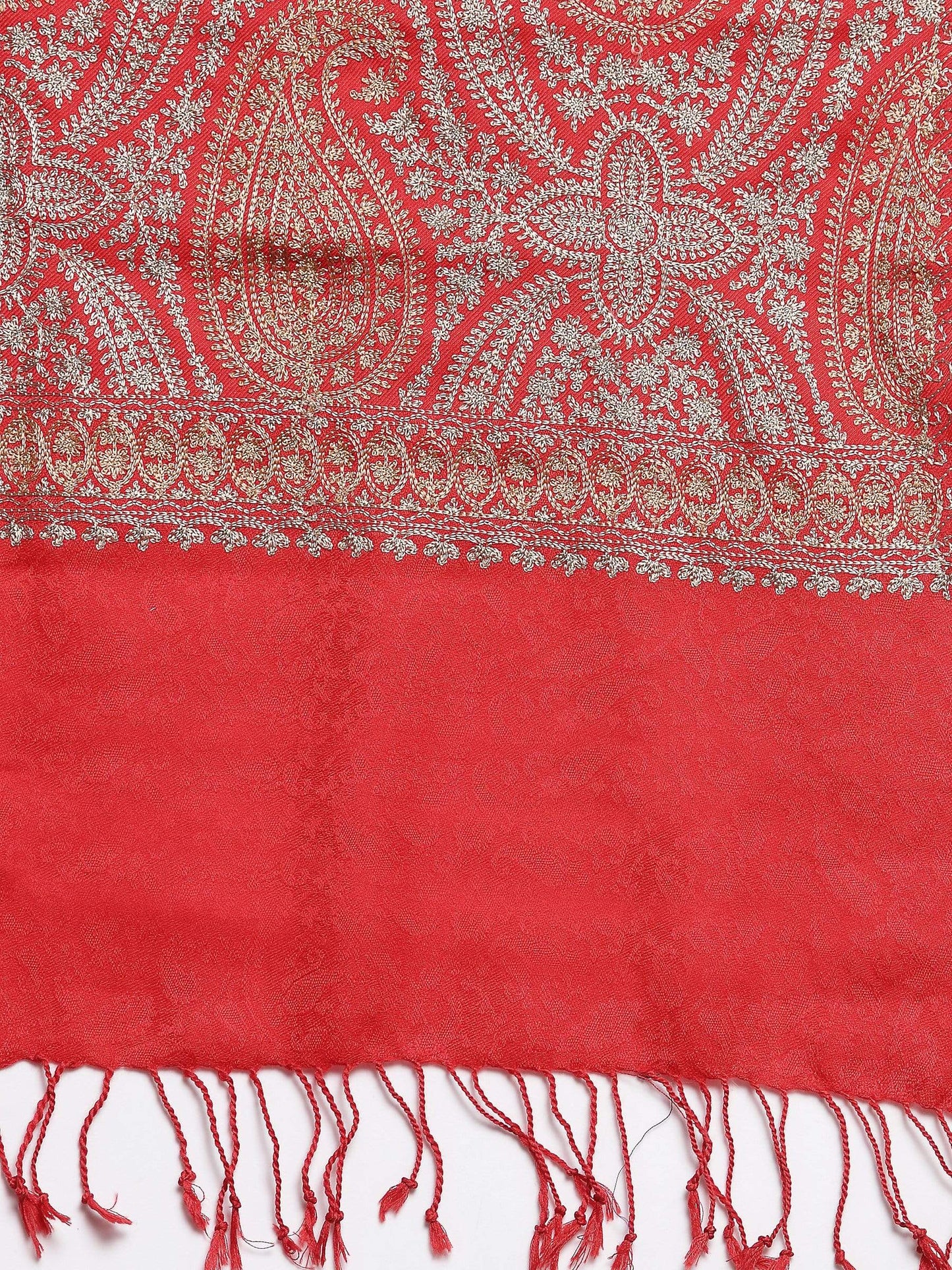 Pashtush India 70x200 Pashtush Womens Fine Wool Stole, With Silky Nalki Embroidery, Self Weave, Crimson Red