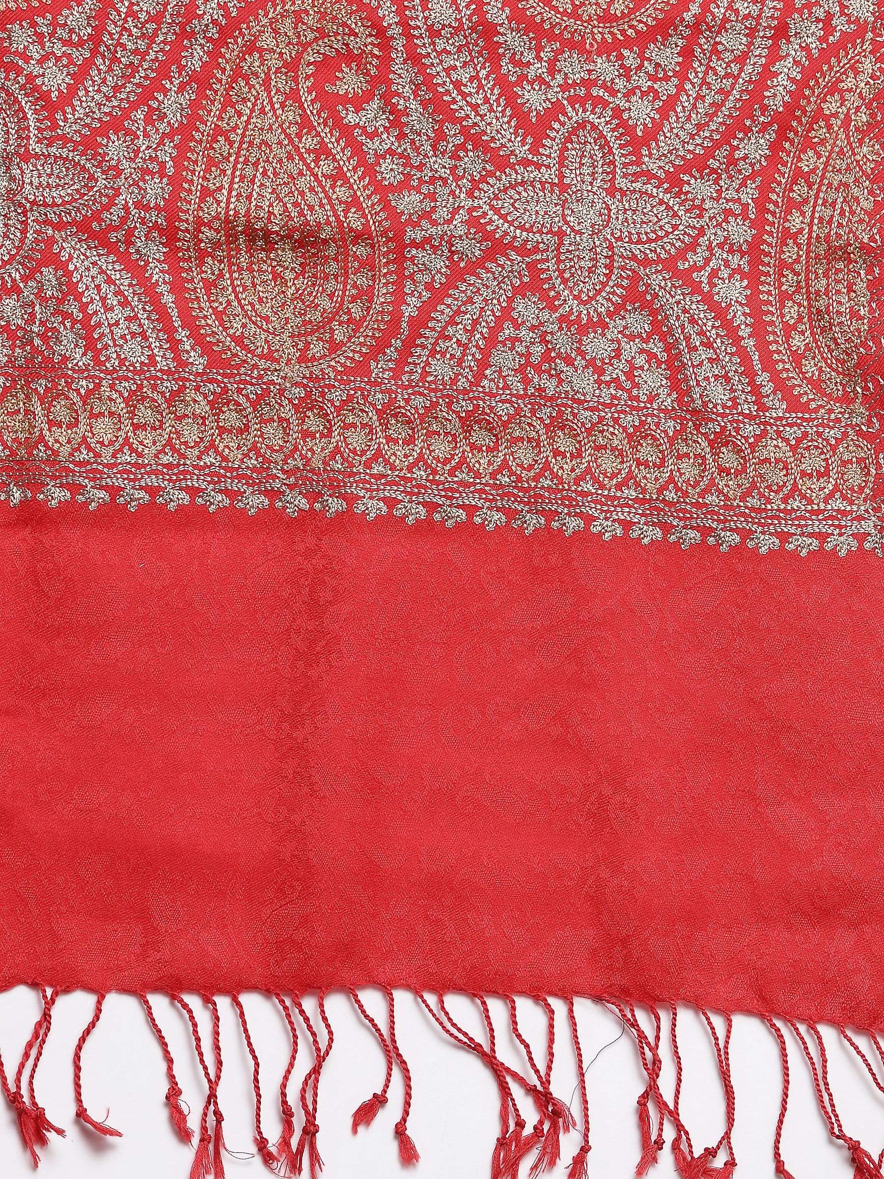 Pashtush India 70x200 Pashtush Womens Fine Wool Stole, With Silky Nalki Embroidery, Self Weave, Crimson Red