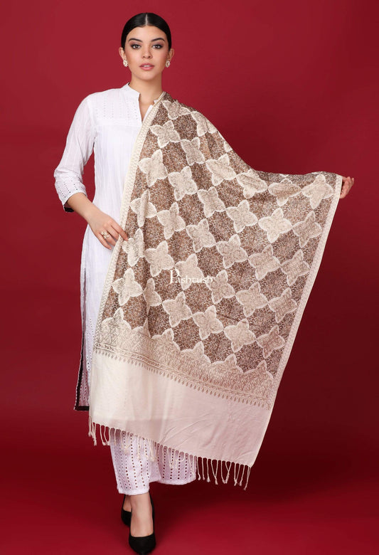 Pashtush Store Stole Pashtush Womens Fine Woollen, Silky Nalki Embroidery Needlework Stole, White