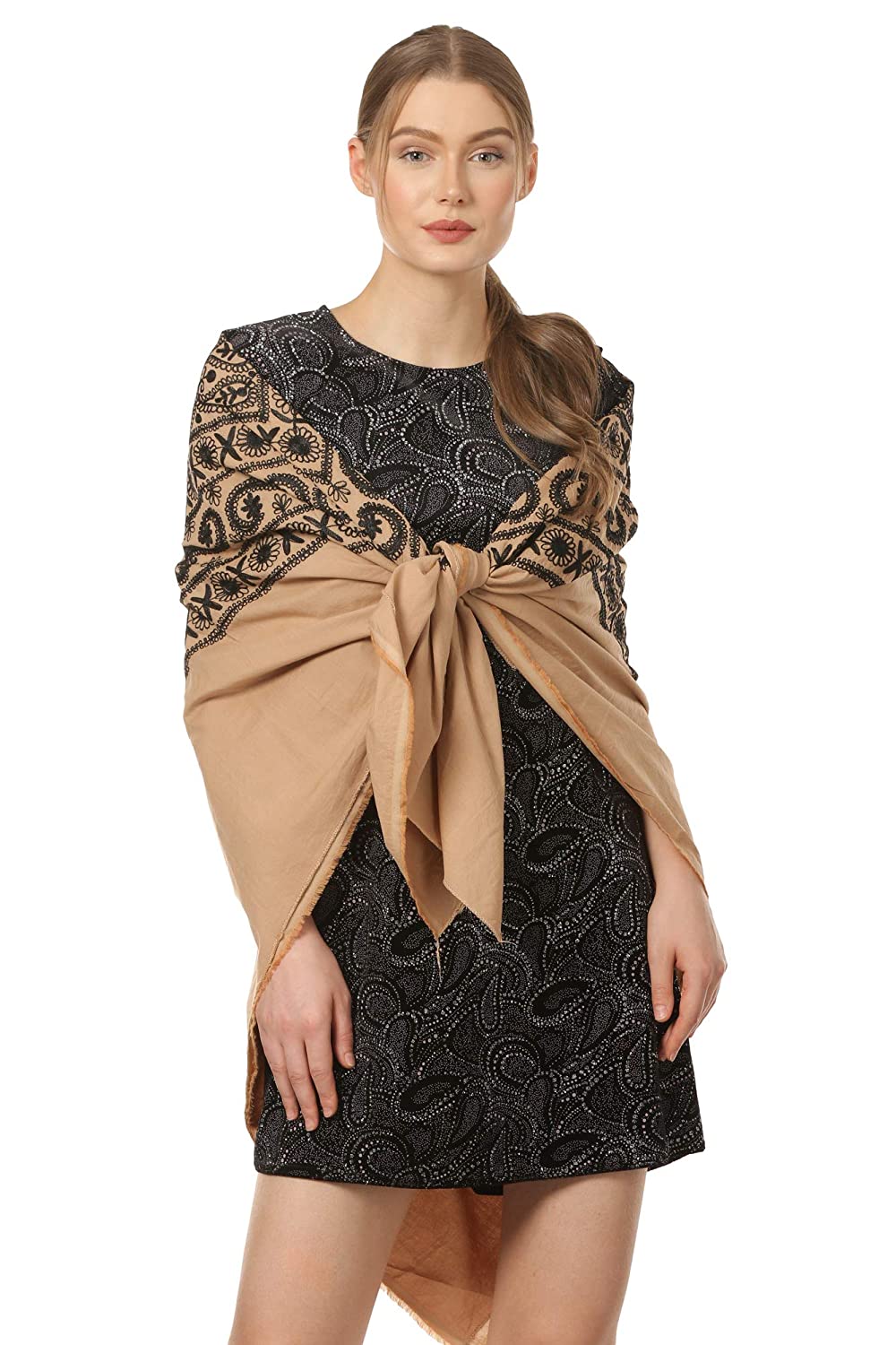 Pashtush Shawl Store Cape Pashtush Womens Hand Embroidered Kaftan Square Shawl, with aari embroidery, cotton.