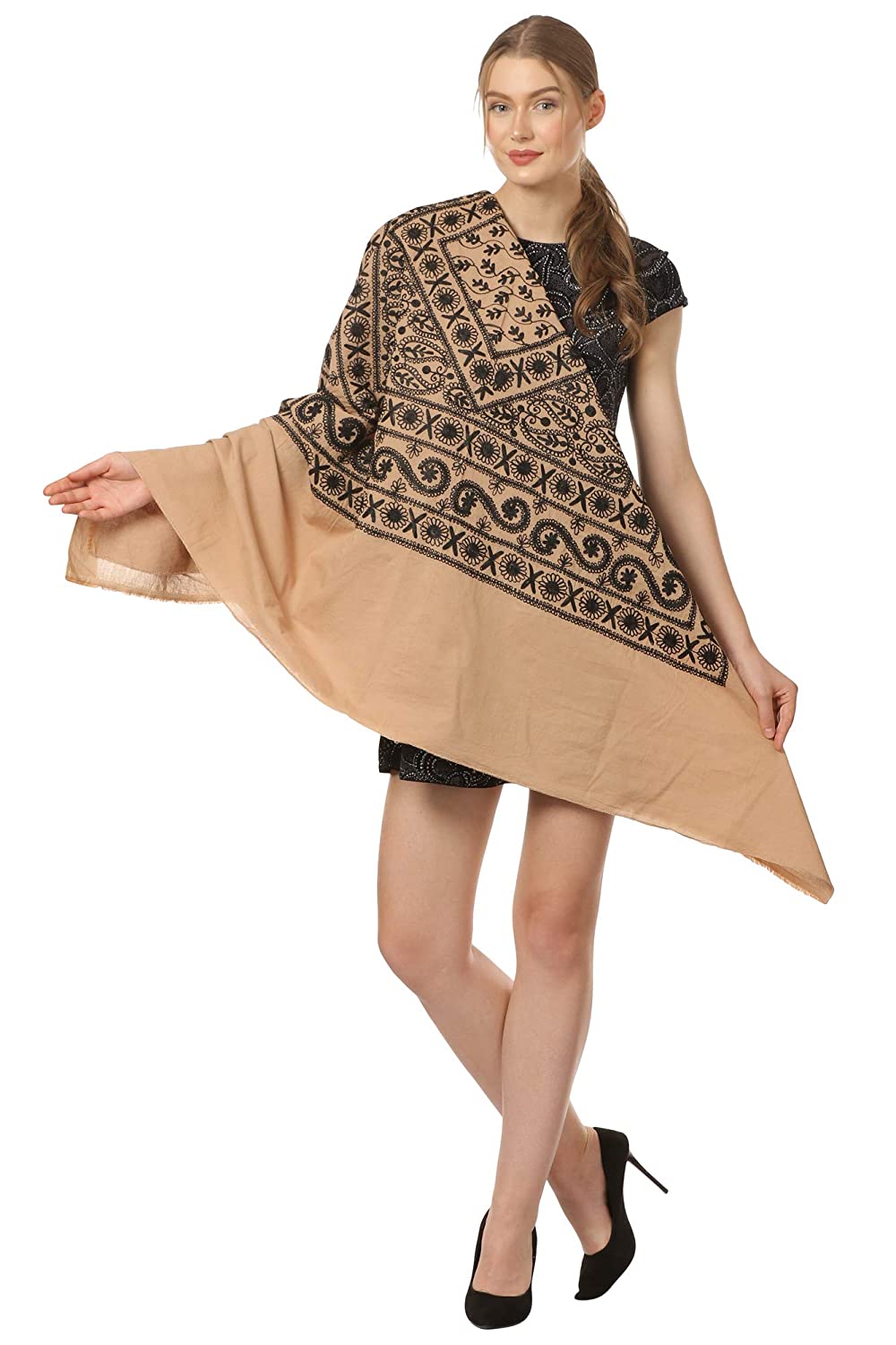 Pashtush Shawl Store Cape Pashtush Womens Hand Embroidered Kaftan Square Shawl, with aari embroidery, cotton.