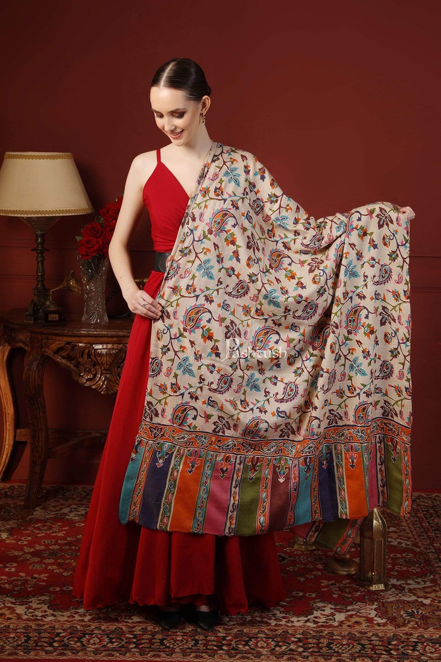 Pashtush India 114x228 Pashtush Womens Hand Embroidered Kalamkari Shawl, Fine Wool