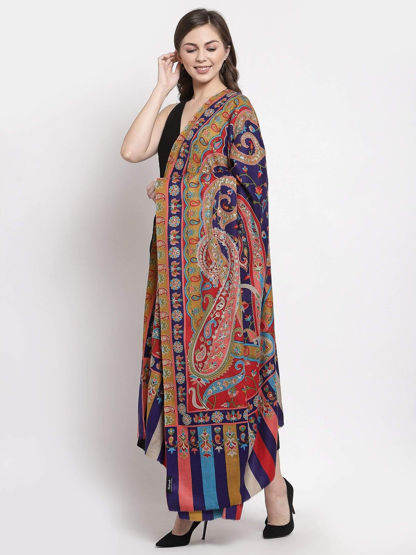 Pashtush India 114x228 Pashtush Womens Hand Embroidered Kalamkari Shawl, Fine Wool
