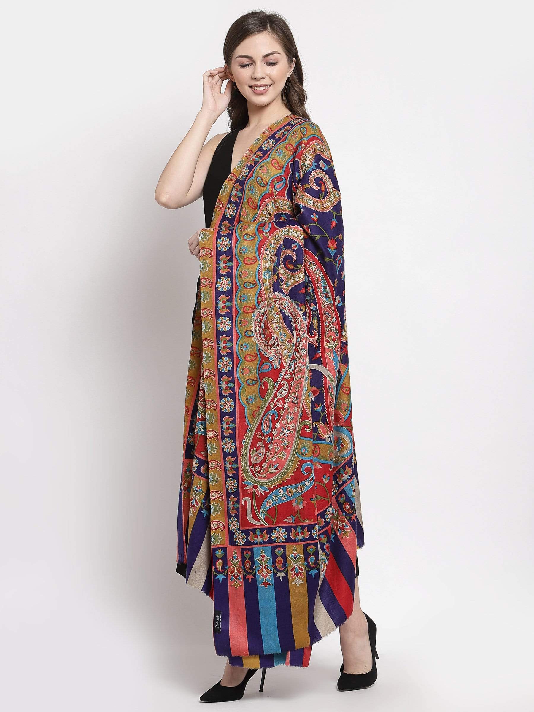 Pashtush India 114x228 Pashtush Womens Hand Embroidered Kalamkari Shawl, Fine Wool