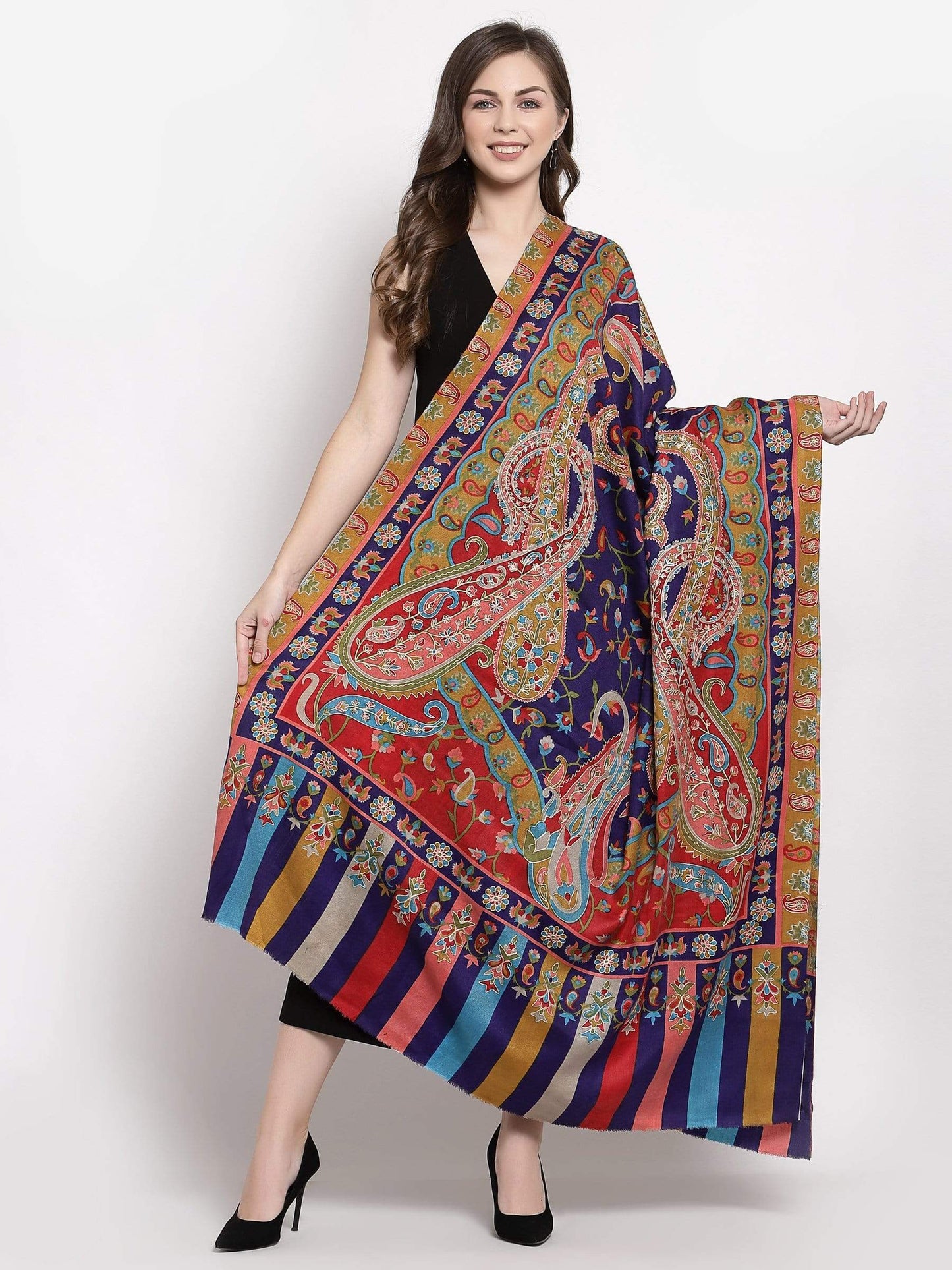 Pashtush India 114x228 Pashtush Womens Hand Embroidered Kalamkari Shawl, Fine Wool
