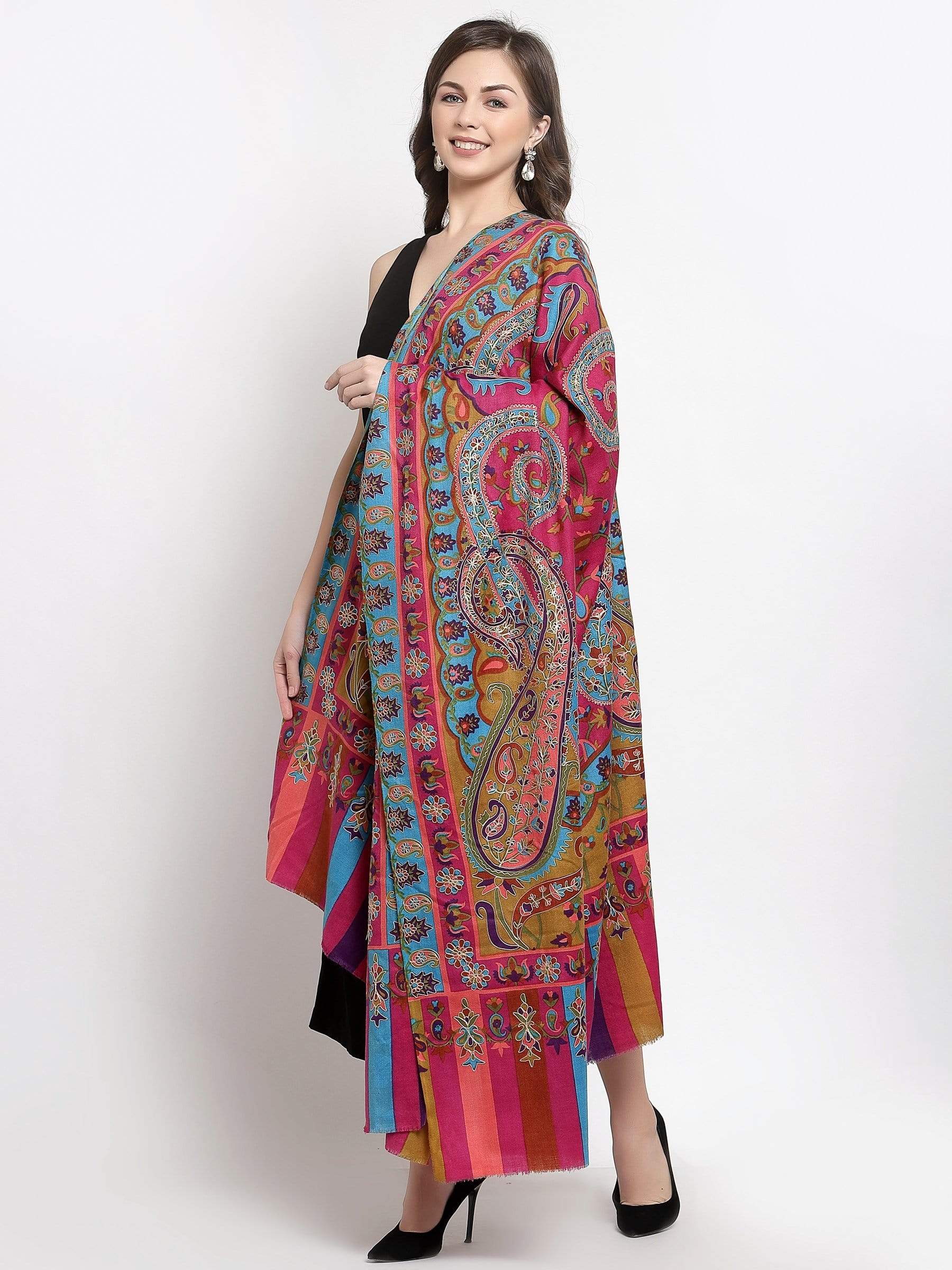 Pashtush India 114x228 Pashtush Womens Hand Embroidered Kalamkari Shawl, Soft and Warm, Light Weight Fine Wool
