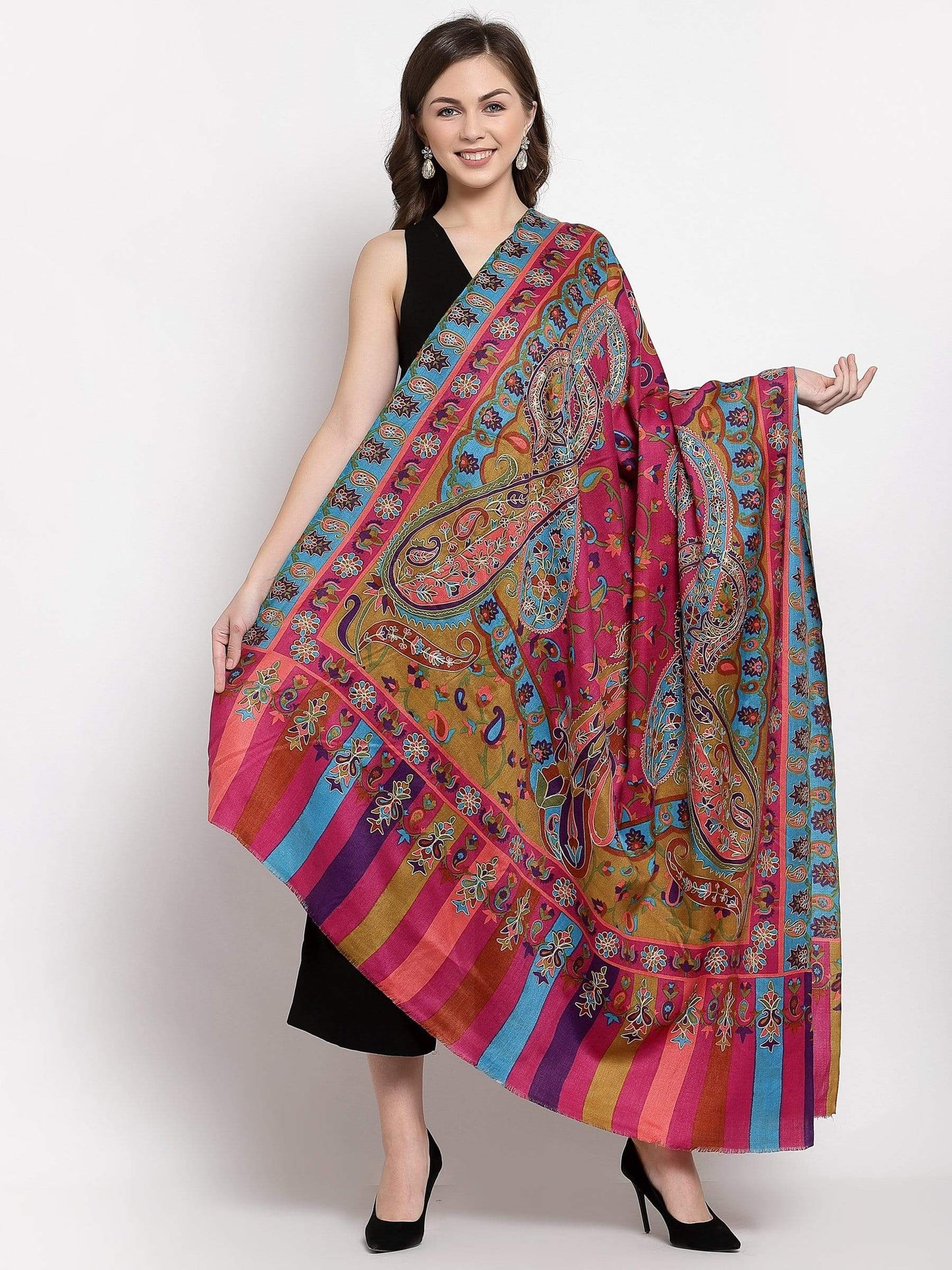 Pashtush India 114x228 Pashtush Womens Hand Embroidered Kalamkari Shawl, Soft and Warm, Light Weight Fine Wool