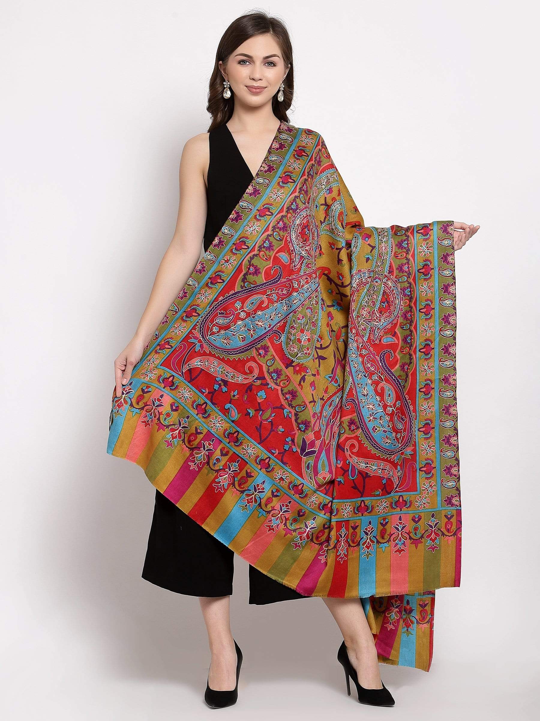 Pashtush India 114x228 Pashtush Womens Hand Embroidered Kalamkari Shawl, Soft and Warm, Light Weight Fine Wool