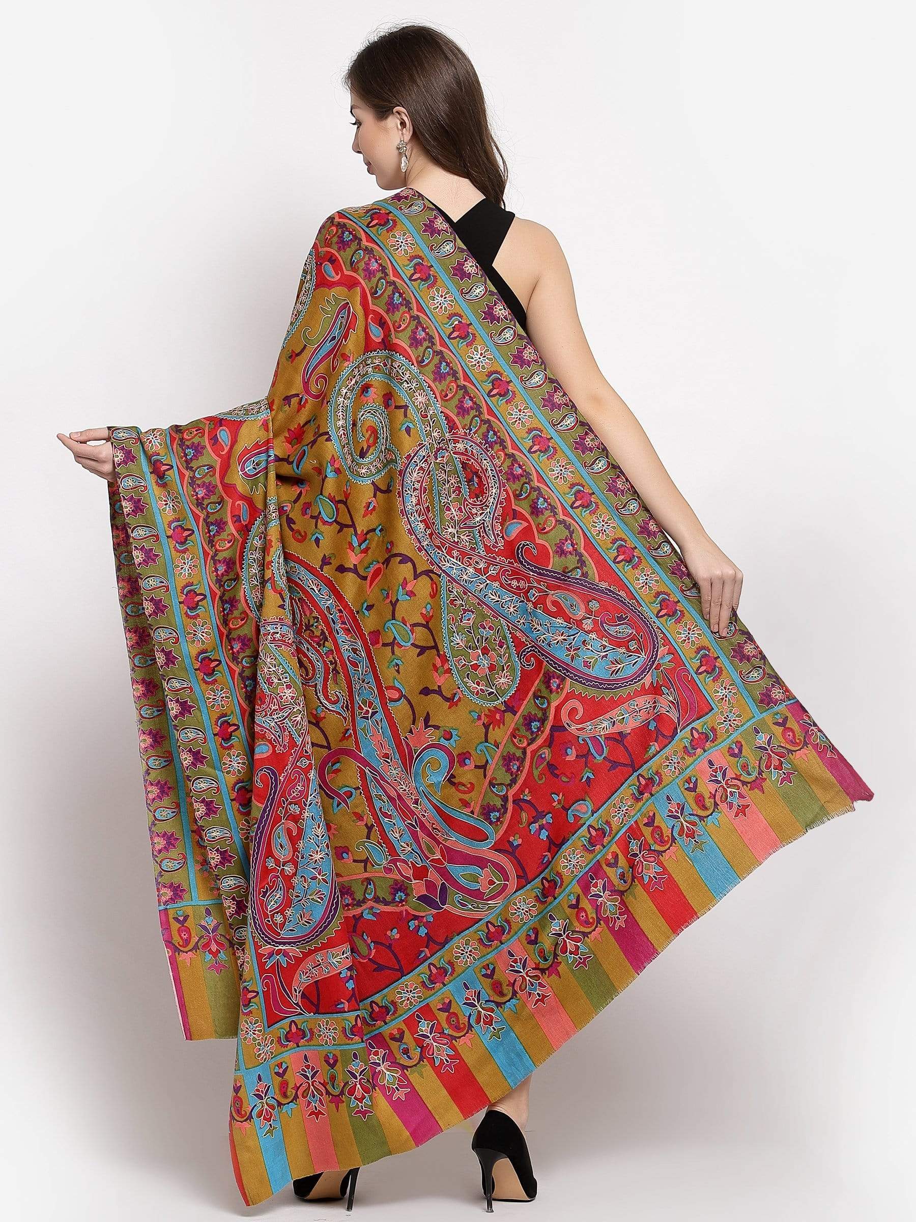 Pashtush India 114x228 Pashtush Womens Hand Embroidered Kalamkari Shawl, Soft and Warm, Light Weight Fine Wool