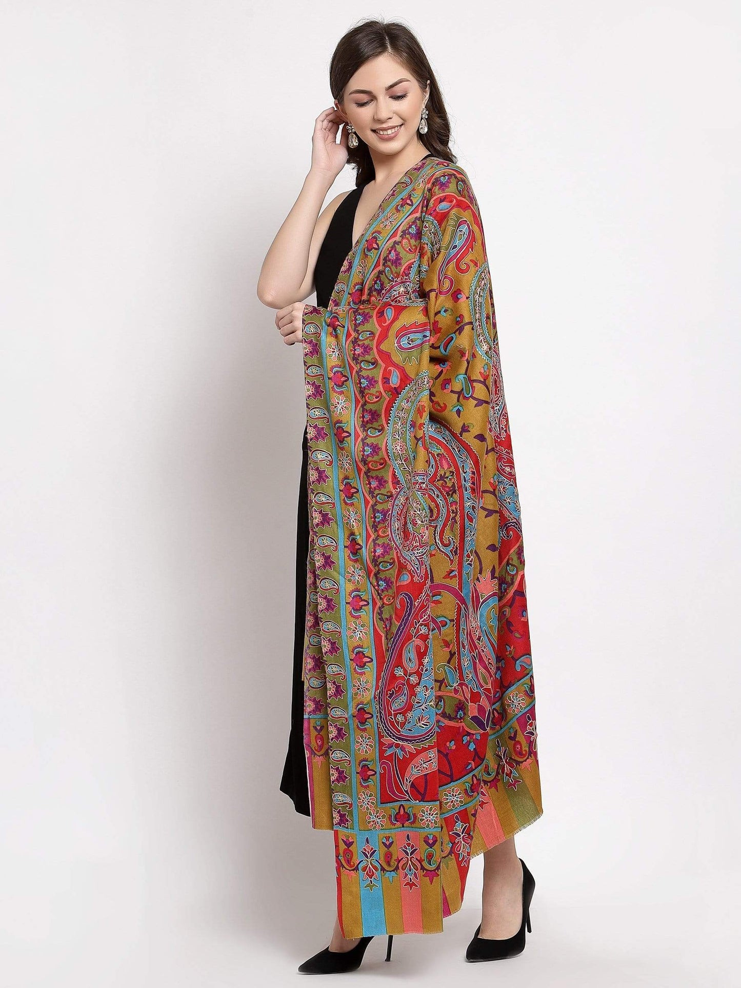 Pashtush India 114x228 Pashtush Womens Hand Embroidered Kalamkari Shawl, Soft and Warm, Light Weight Fine Wool