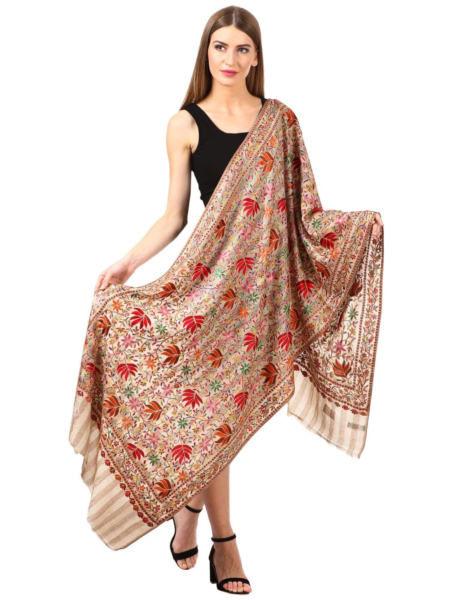 Pashtush Shawl Store Stole Pashtush Womens Hand Embroidery Nalki Stole, Multicoloured