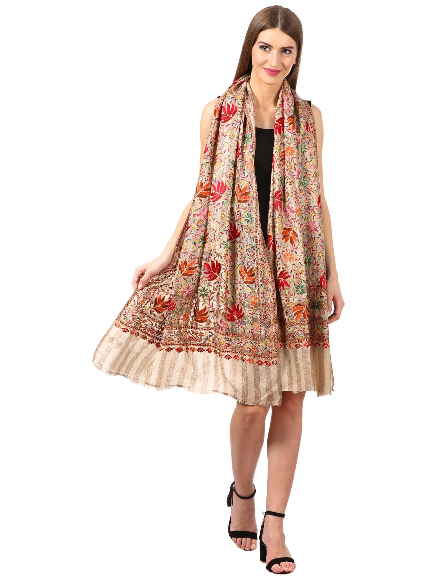 Pashtush Shawl Store Stole Pashtush Womens Hand Embroidery Nalki Stole, Multicoloured