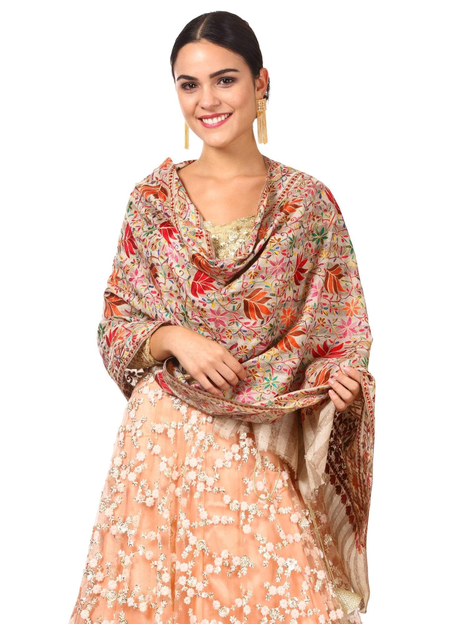 Pashtush Shawl Store Stole Pashtush Womens Hand Embroidery Nalki Stole, Multicoloured