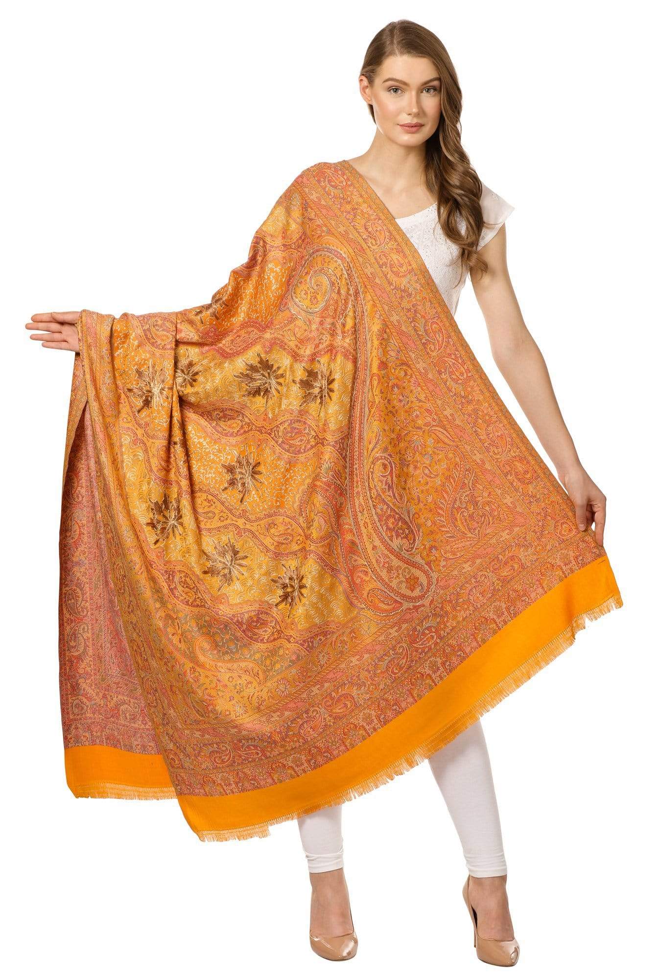 Pashtush India 100x200 Pashtush Womens Jamawar Shawl with Hand Aari Embroidery, Silky Threadwork - Soft Faux Mustard