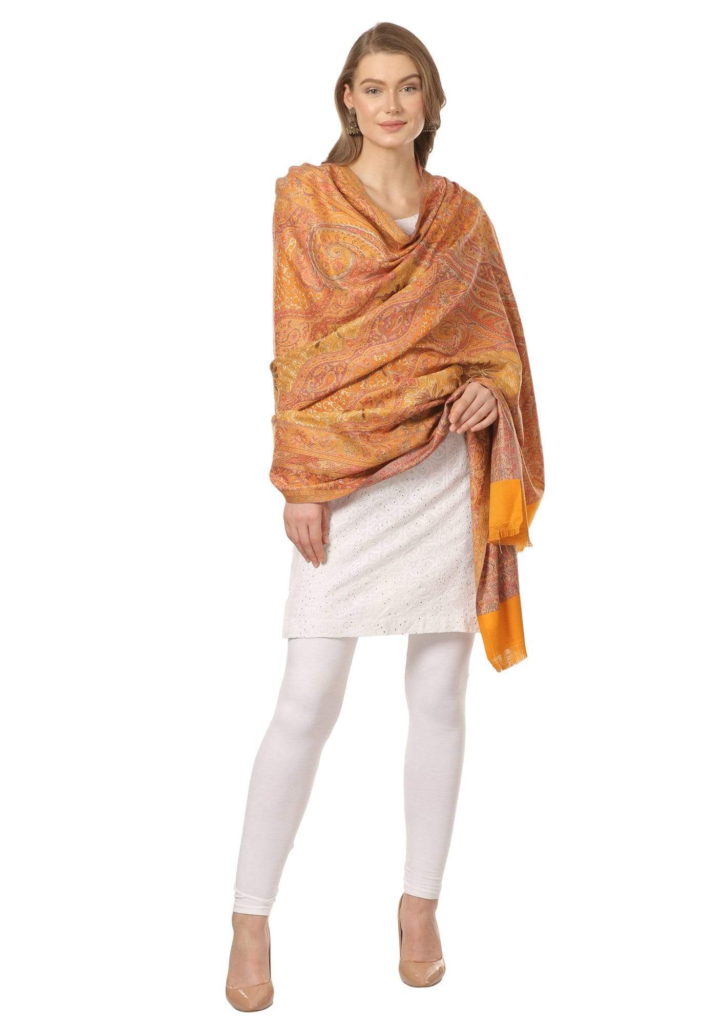 Pashtush India 100x200 Pashtush Womens Jamawar Shawl with Hand Aari Embroidery, Silky Threadwork - Soft Faux Mustard