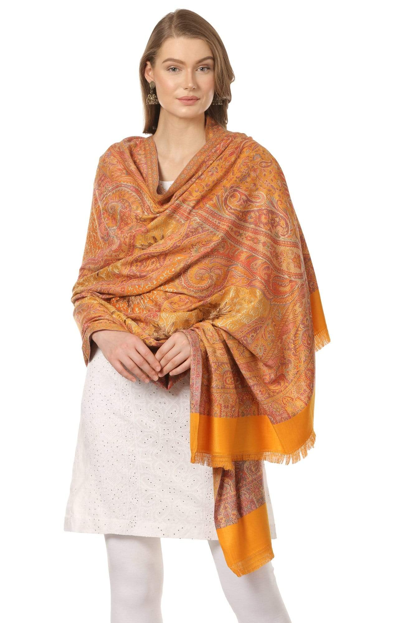 Pashtush India 100x200 Pashtush Womens Jamawar Shawl with Hand Aari Embroidery, Silky Threadwork - Soft Faux Mustard