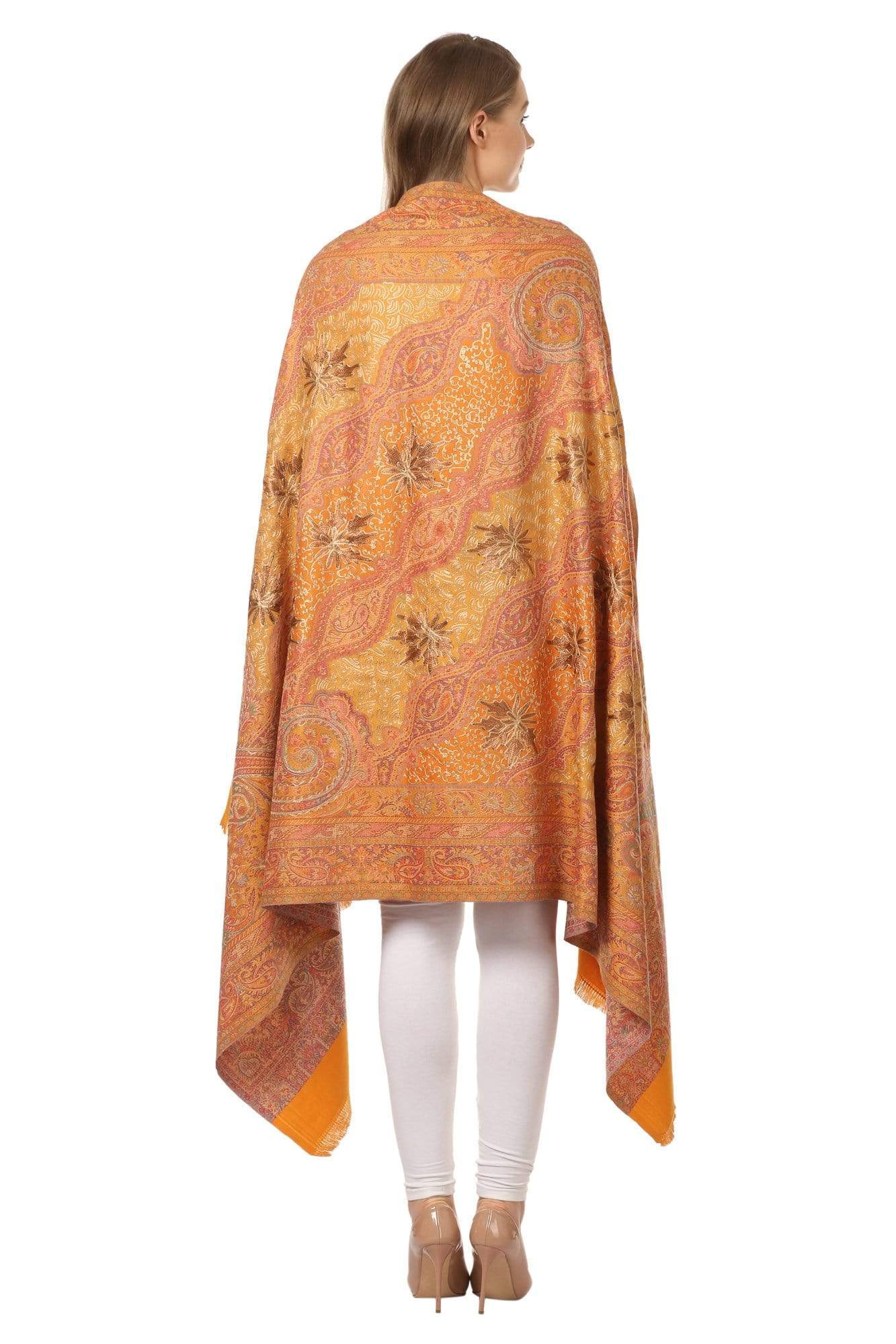 Pashtush India 100x200 Pashtush Womens Jamawar Shawl with Hand Aari Embroidery, Silky Threadwork - Soft Faux Mustard