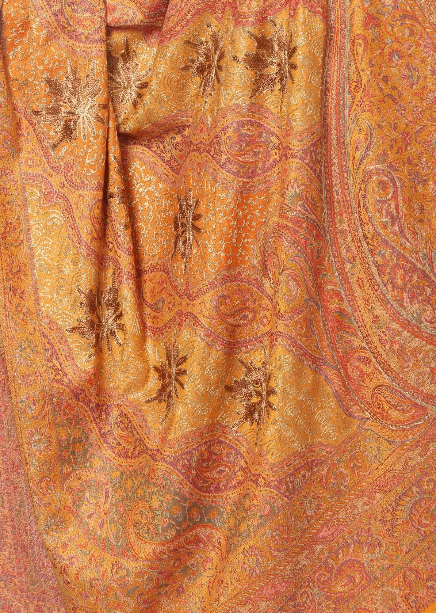 Pashtush India 100x200 Pashtush Womens Jamawar Shawl with Hand Aari Embroidery, Silky Threadwork - Soft Faux Mustard