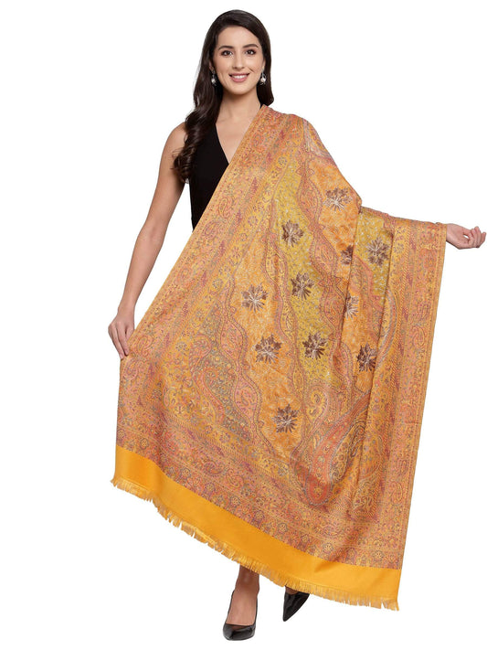 Pashtush India 100x200 Pashtush Womens Jamawar Shawl with Hand Aari Embroidery, Silky Threadwork - Soft Faux Mustard