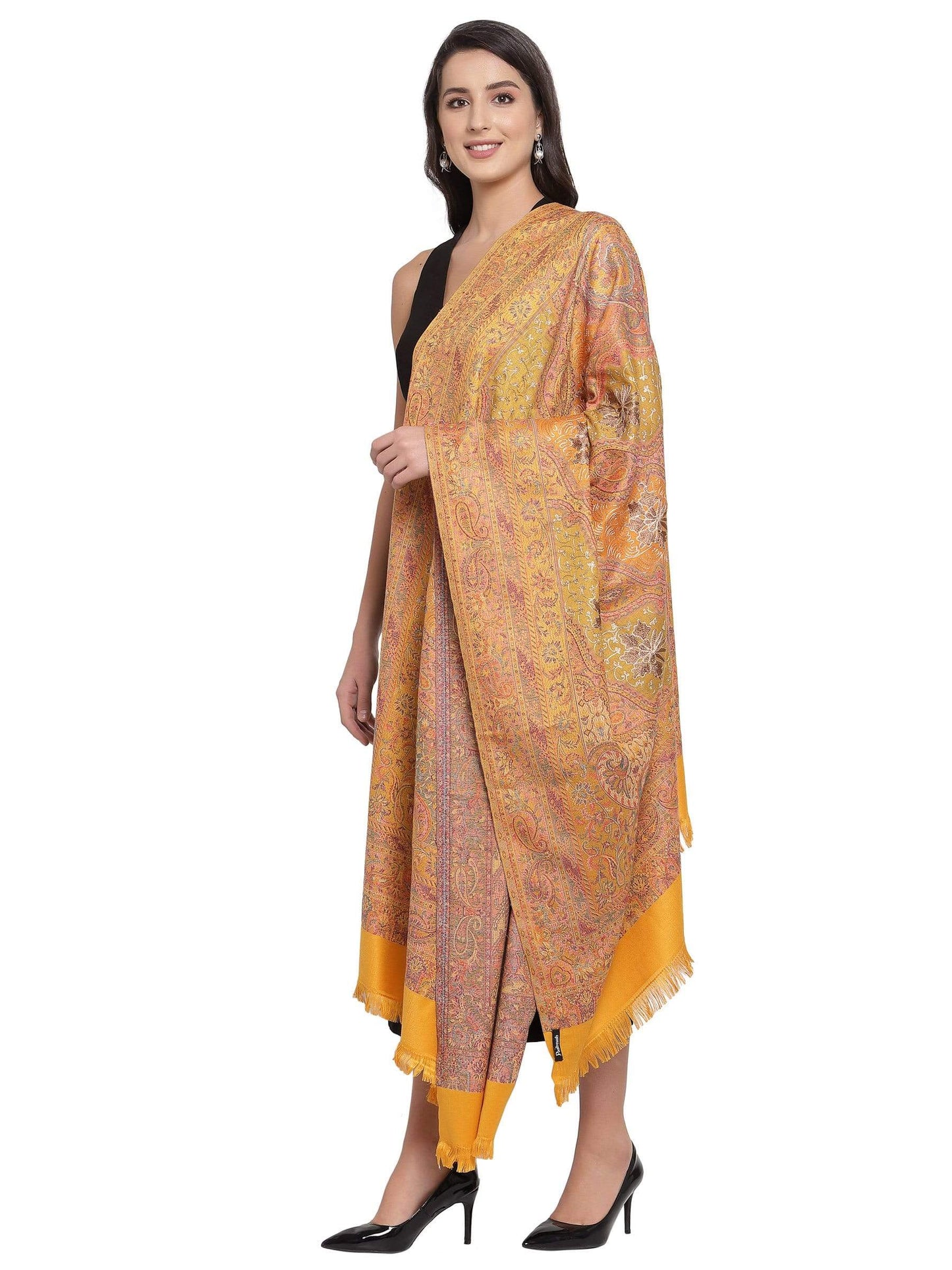 Pashtush India 100x200 Pashtush Womens Jamawar Shawl with Hand Aari Embroidery, Silky Threadwork - Soft Faux Mustard