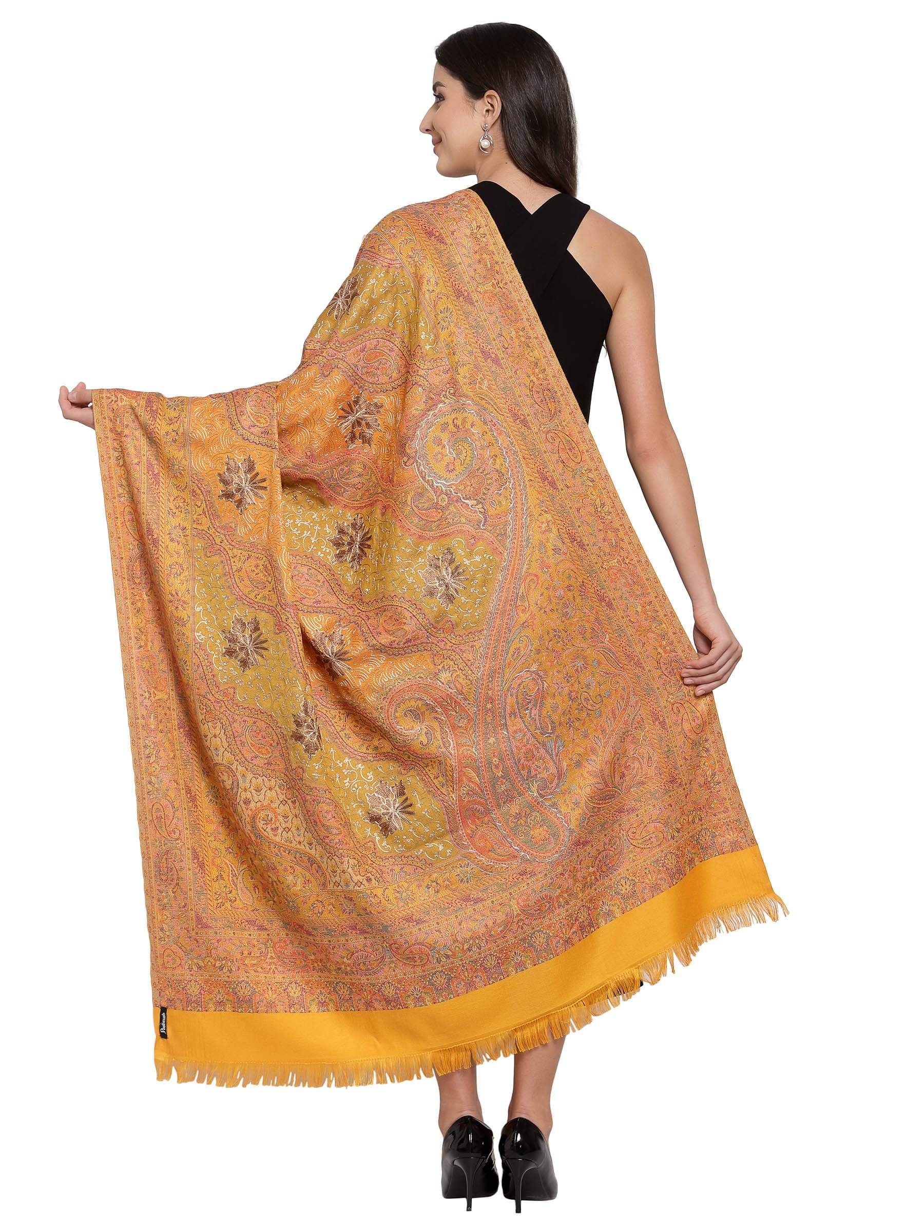 Pashtush India 100x200 Pashtush Womens Jamawar Shawl with Hand Aari Embroidery, Silky Threadwork - Soft Faux Mustard