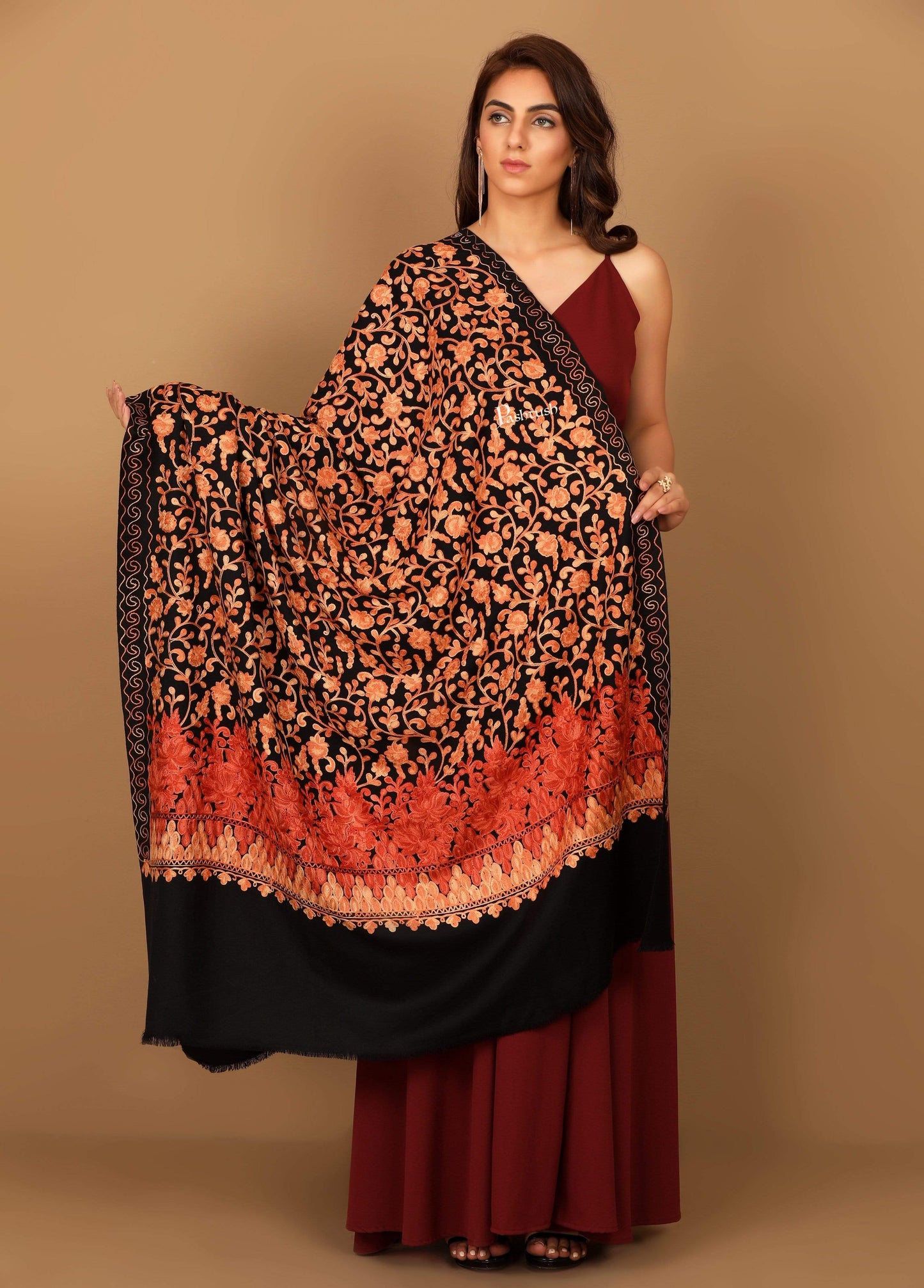 Pashtush India 100x200 Pashtush Womens Jamawar Shawl with Hand Aari Embroidery, Silky Threadwork - Soft Faux Pashmina
