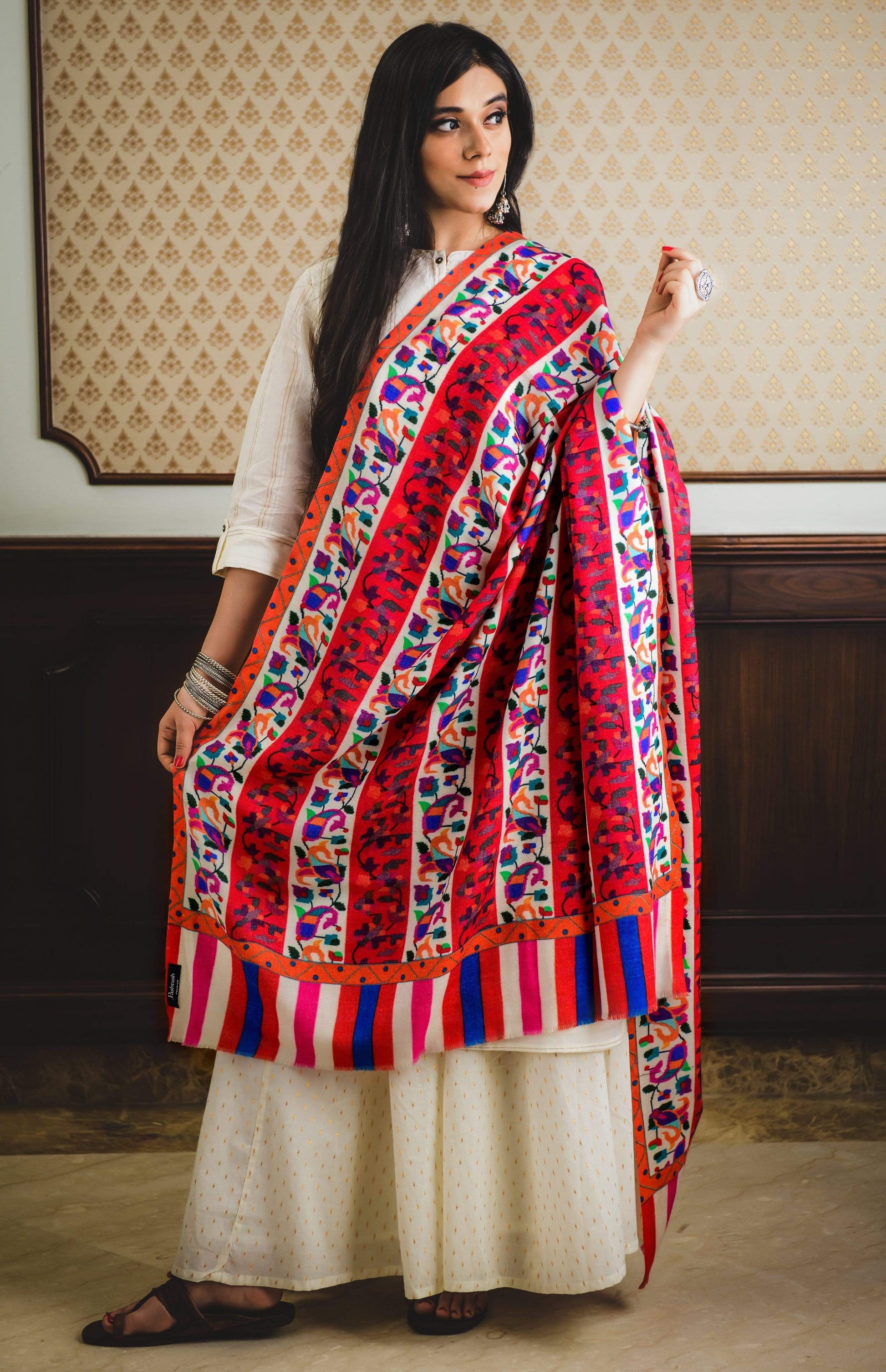Pashtush Shawl Store Shawl Pashtush Womens Kaani Print Shawl, Multicoloured, 100% Pure Wool (Woolmark Certified)