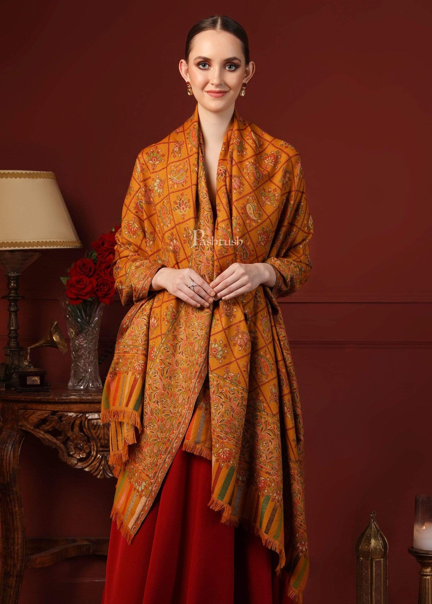 Pashtush India 100x200 PASHTUSH WOMENS KAANI SHAWL, FAUX PASHMINA, SOFT AND WARM, KASHMIRI MUSTARD