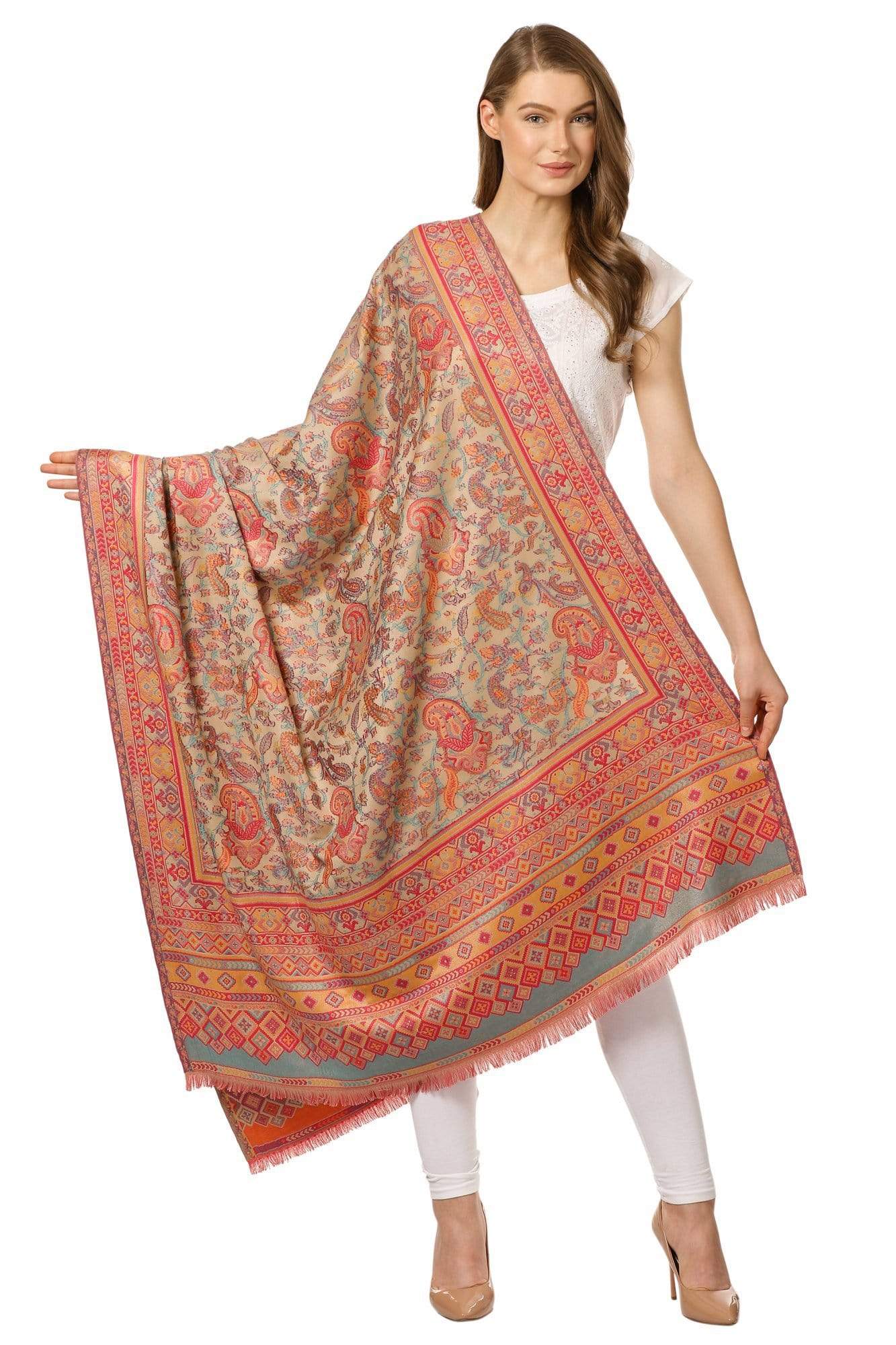 Pashtush India 100x200 Pashtush Womens Kaani Shawl, Faux Pashmina, Woven Jacquard Design with Woven Kashmiri Paisleys, Soft and Warm Faux Pashmina