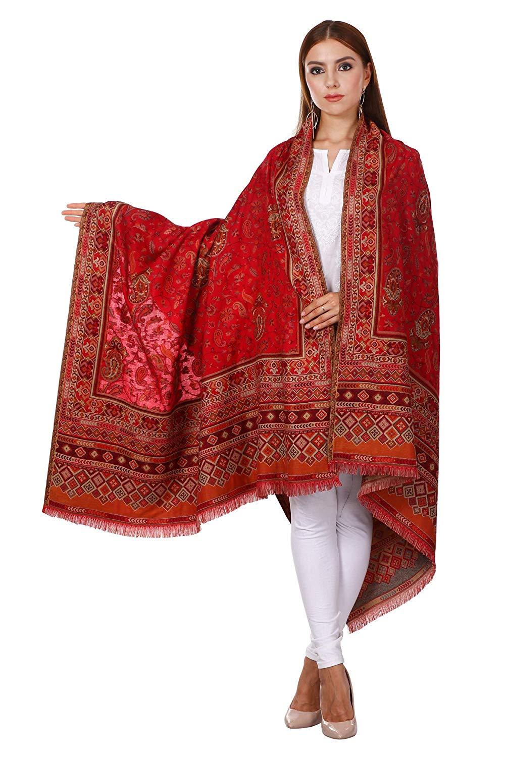 Pashtush Shawl Store Shawl Pashtush Womens Kaani Shawl, Faux Pashmina, Woven Jacquard Design with Woven Kashmiri Paisleys, Soft and Warm Faux Pashmina (Taupe) (Bridal Red)
