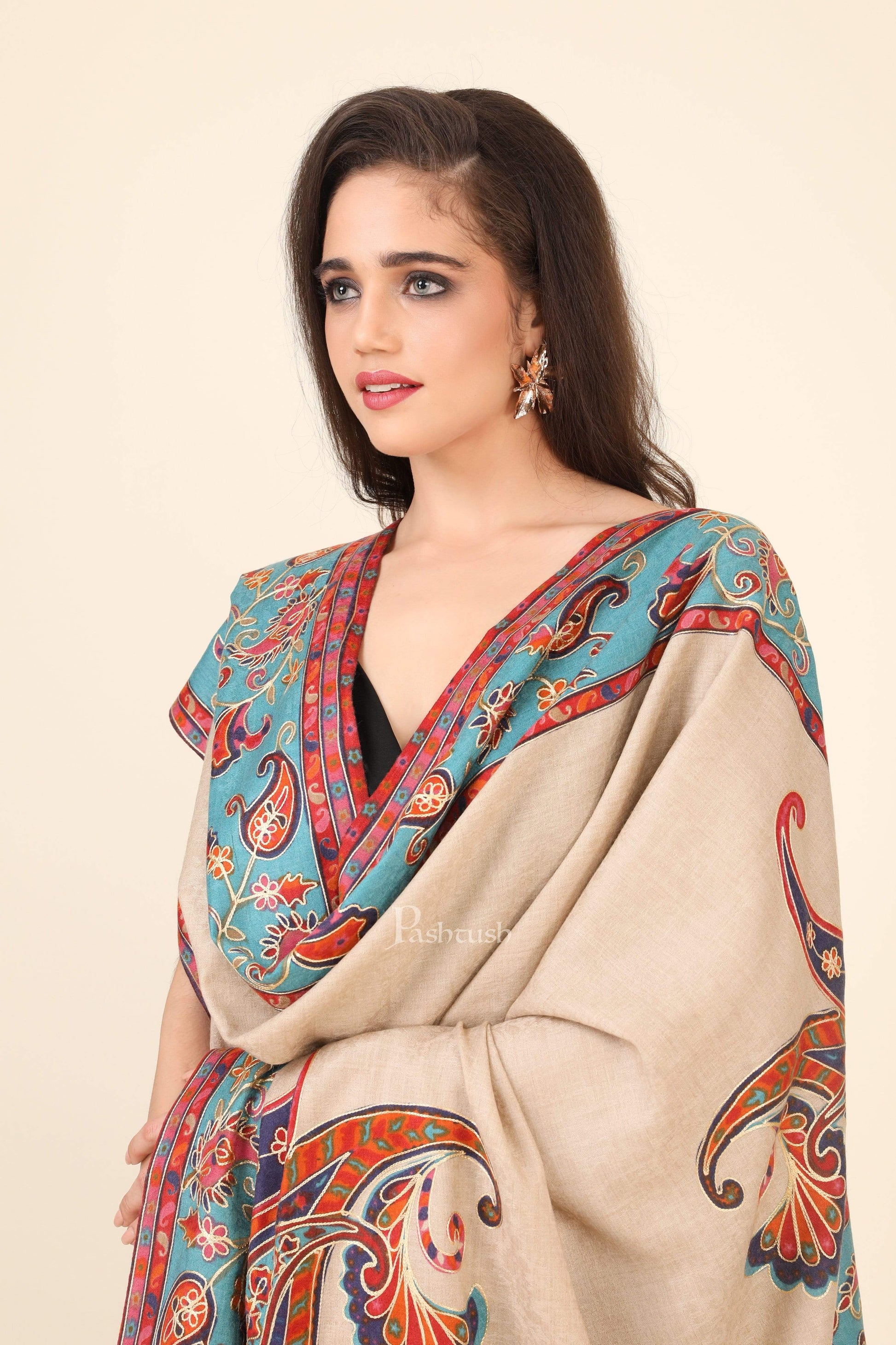 Pashtush India 114x228 Pashtush Womens Kalamkari Embroidery Shawl, Fine Wool Shawls, Medium
