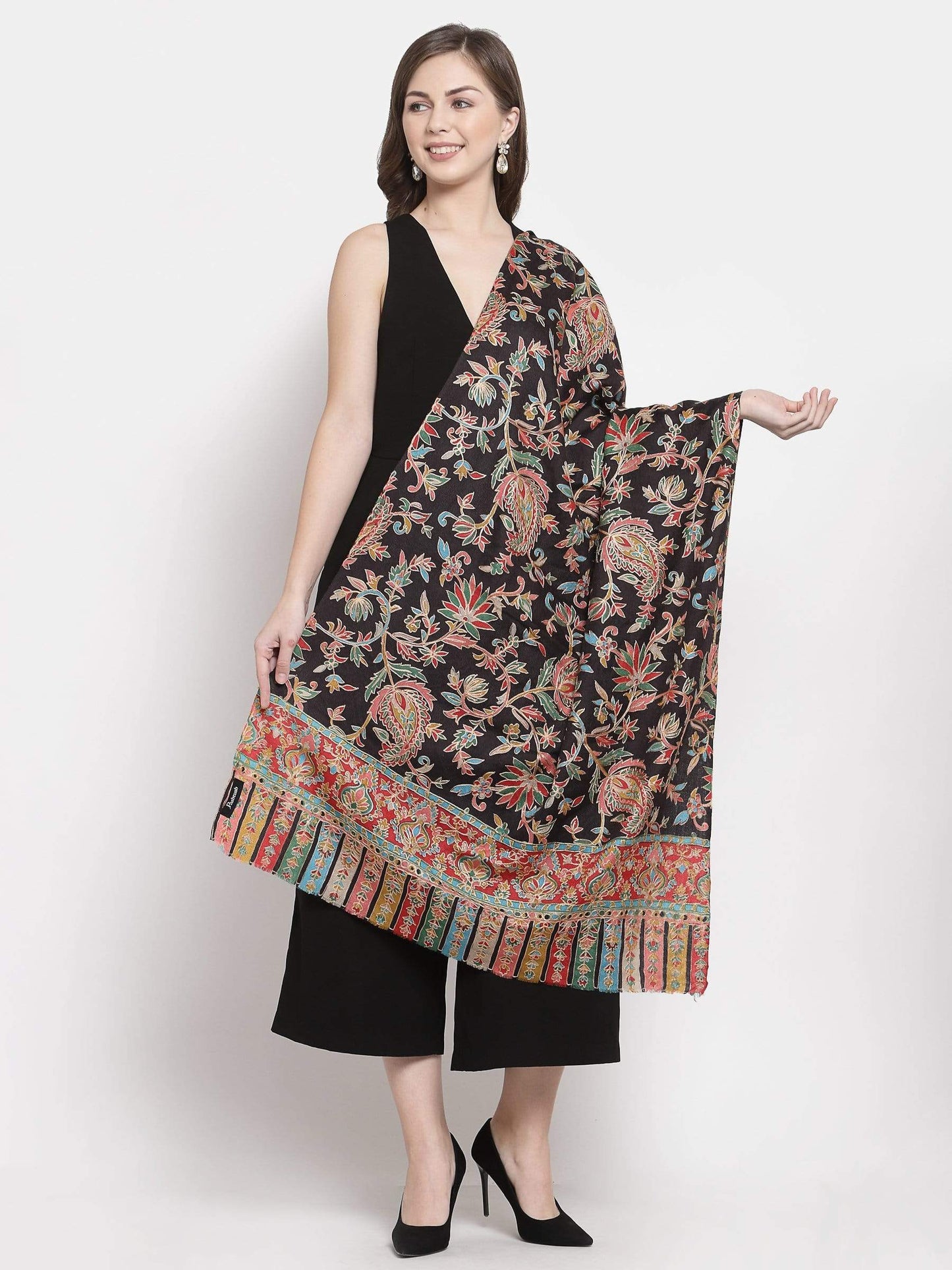 Pashtush India 70x200 Pashtush Womens Kalamkari Fine Wool Hand Printed Stole Scarf