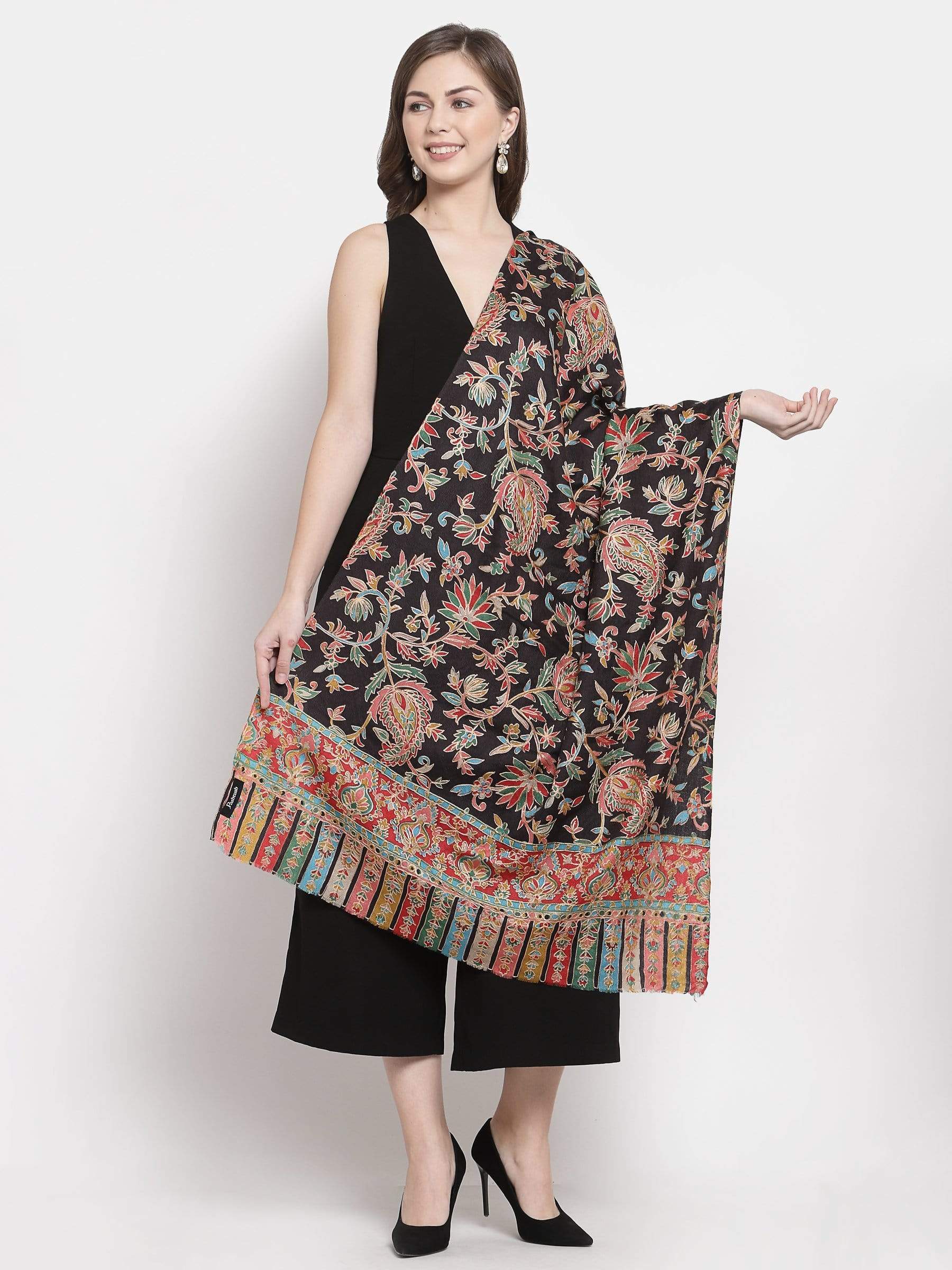 Pashtush India 70x200 Pashtush Womens Kalamkari Fine Wool Hand Printed Stole Scarf