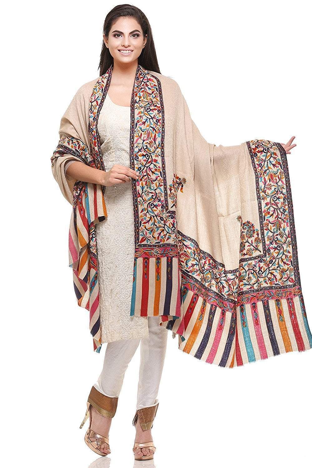 Pashtush India 114x228 Pashtush womens Kalamkari Outline Embroidery Shawl, Multicoloured