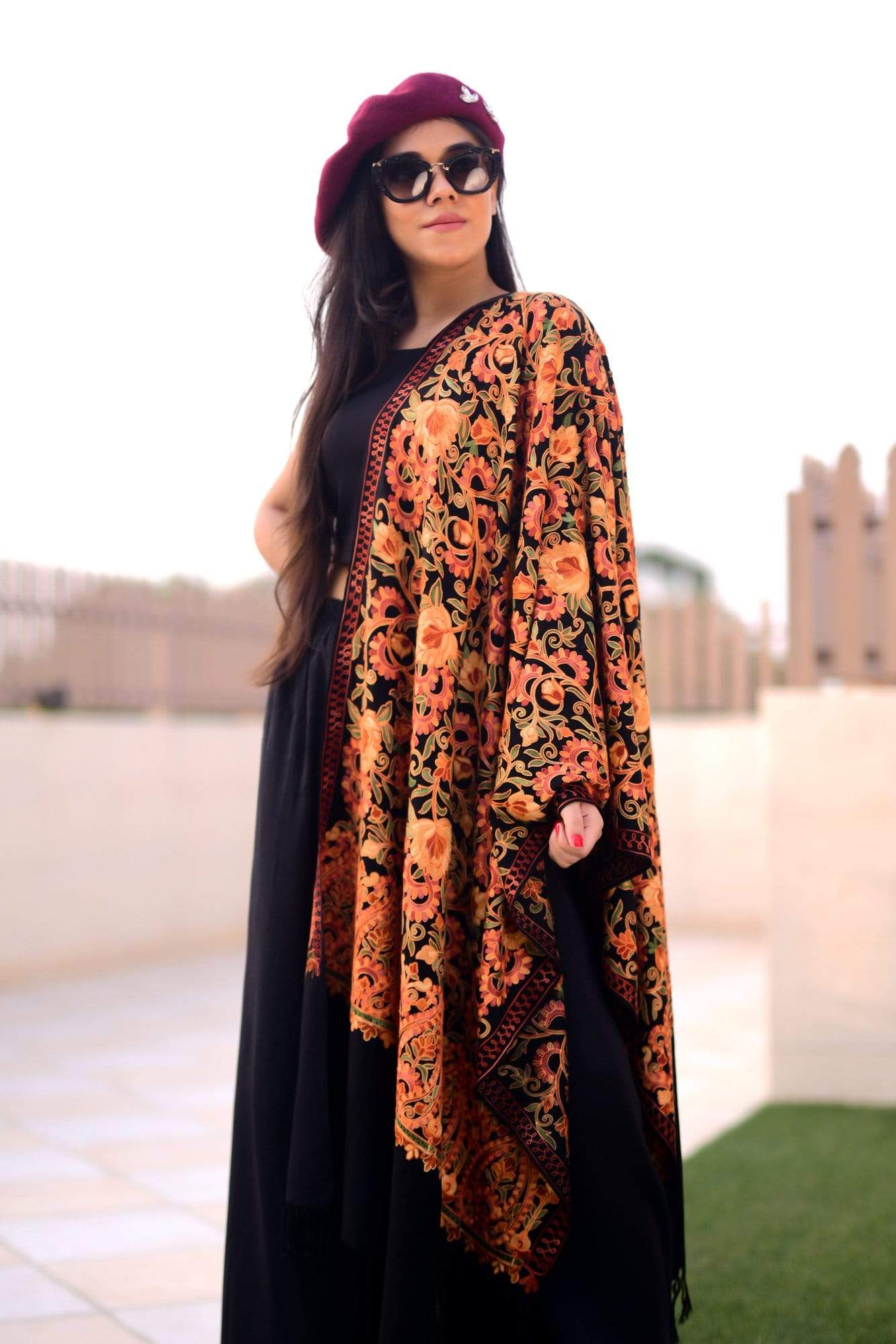 Pashtush India Stole Pashtush Womens Kashmiri Aari Embroidery Stole, Fine Wool, Black