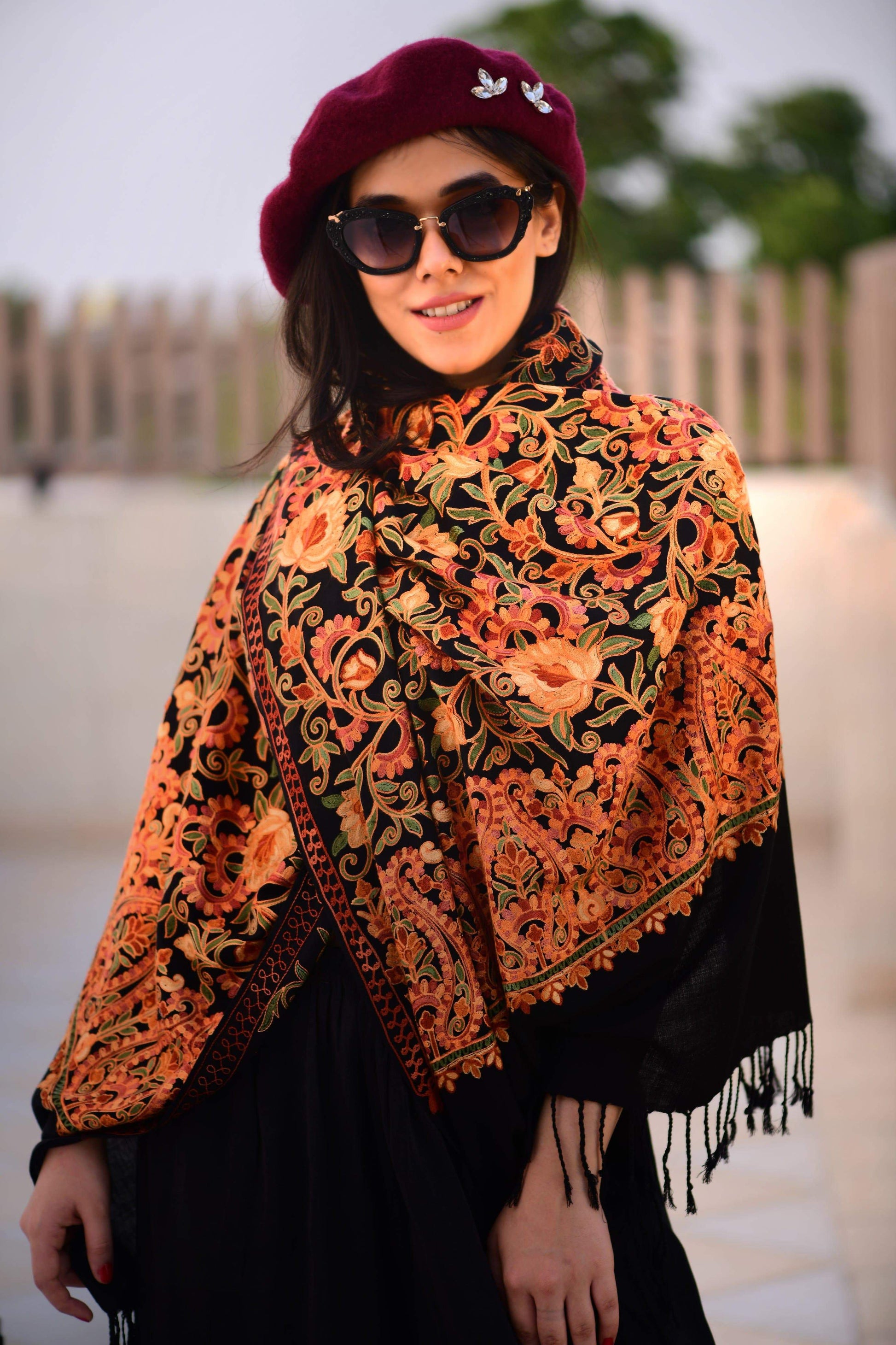 Pashtush India Stole Pashtush Womens Kashmiri Aari Embroidery Stole, Fine Wool, Black