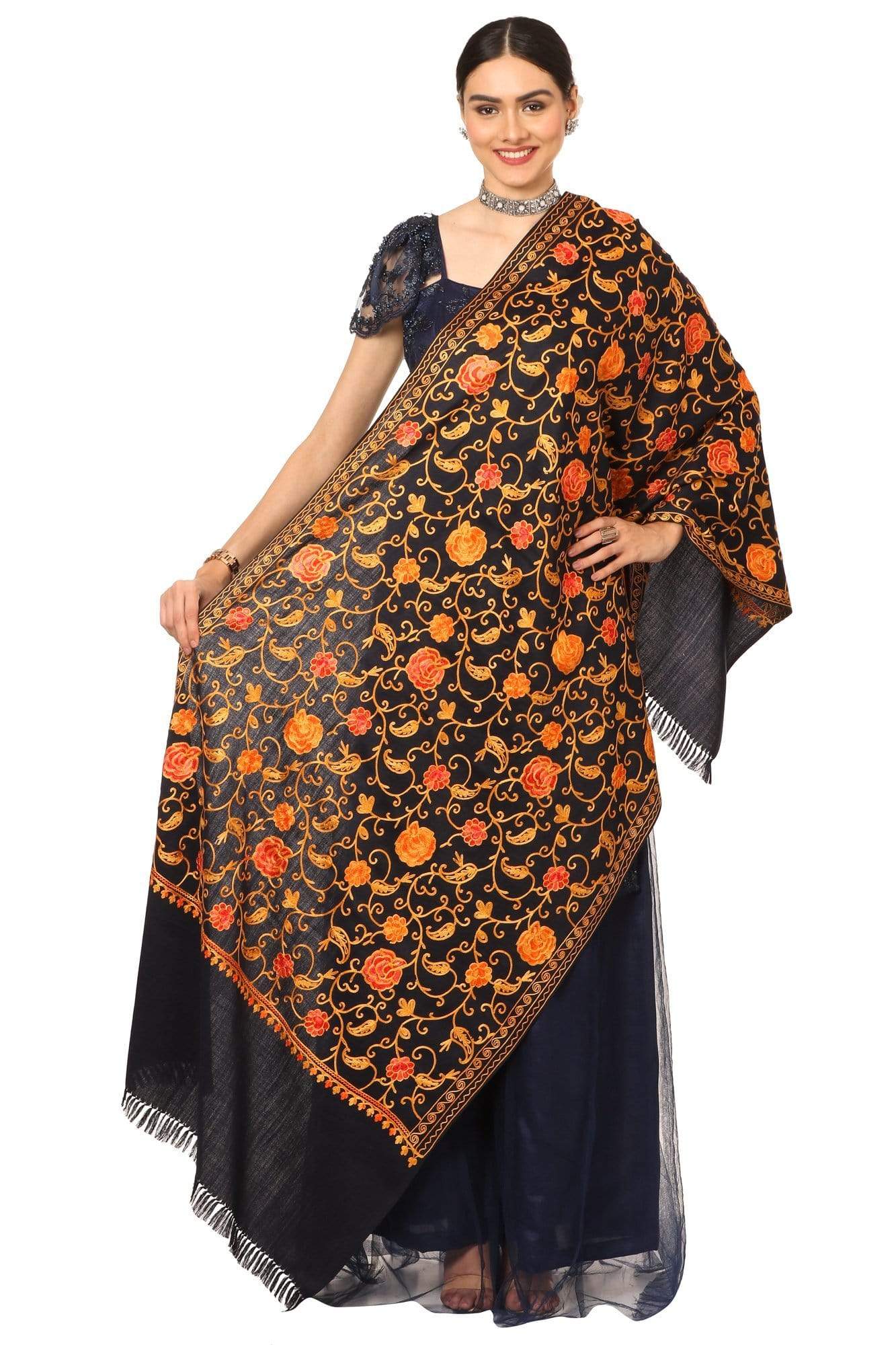 Pashtush India Stole Pashtush Womens Kashmiri Aari Embroidery Stole, Fine Wool, Navy Blue