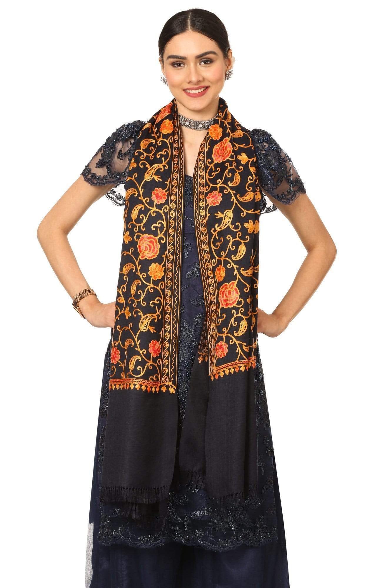 Pashtush India 70x200 Pashtush Womens Kashmiri Aari Embroidery Stole, Fine Wool, Navy Blue