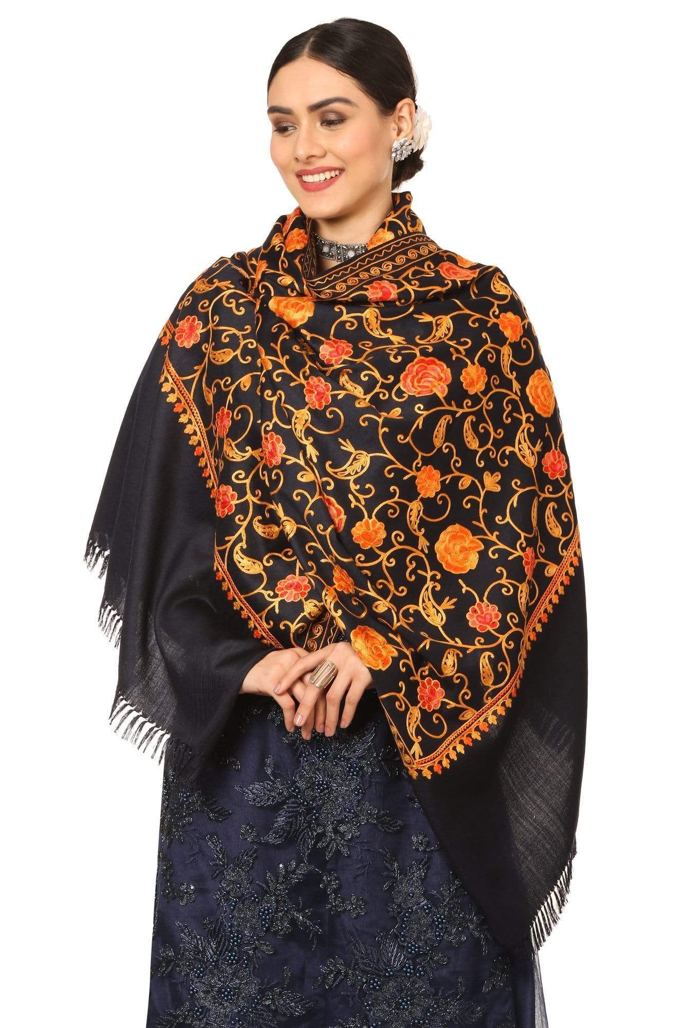 Pashtush India 70x200 Pashtush Womens Kashmiri Aari Embroidery Stole, Fine Wool, Navy Blue