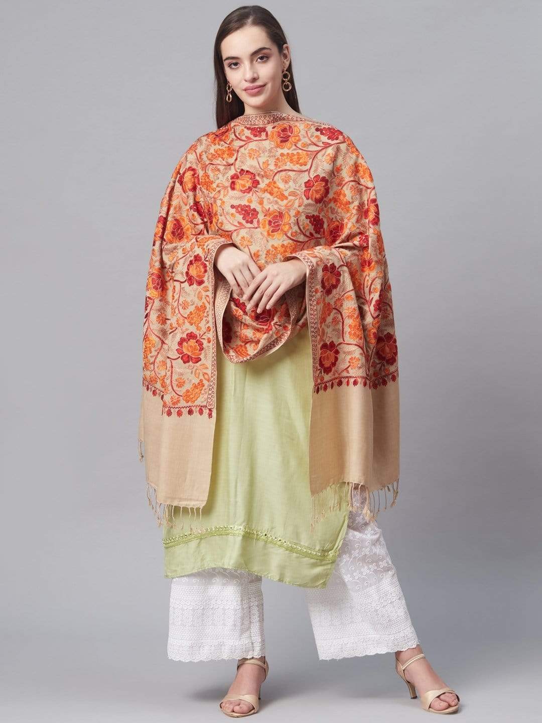 Pashtush India 70x200 PASHTUSH Womens KASHMIRI AARI EMBROIDERY STOLE, Gulaabdar Beige