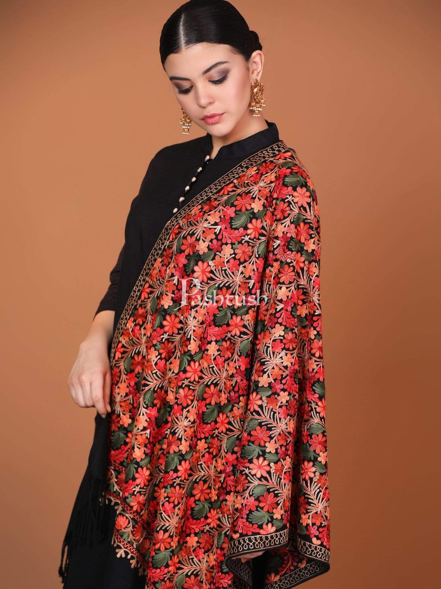 Pashtush India 70x200 Pashtush Womens Kashmiri Aari Embroidery Stole, Soft and Warm