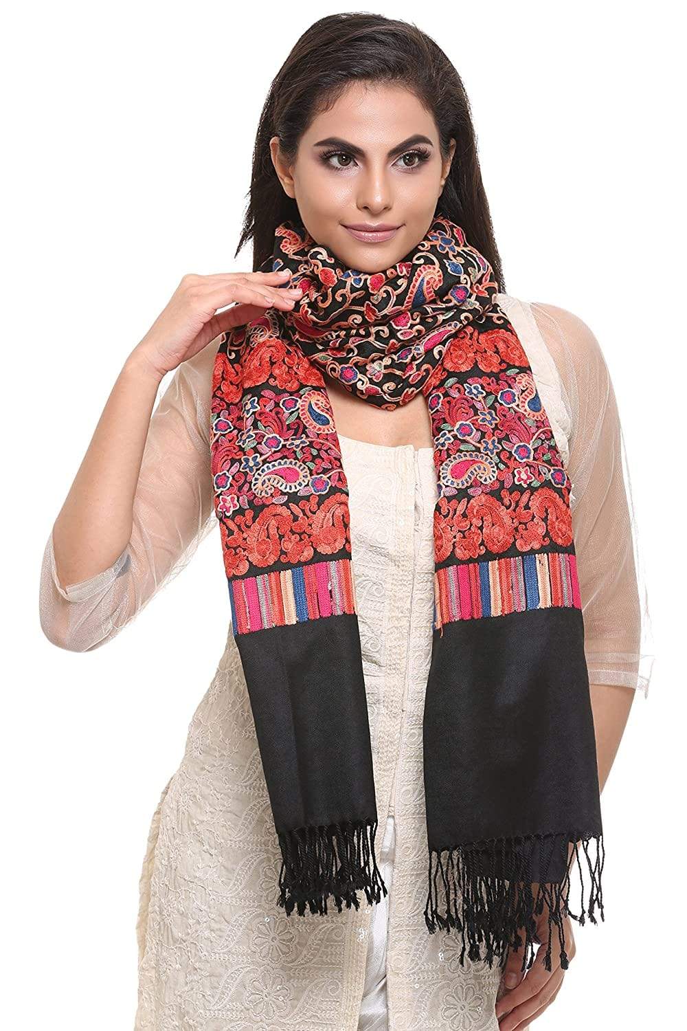 Pashtush Store Stole Pashtush Womens Kashmiri Aari Stole, Fine Wool, Black