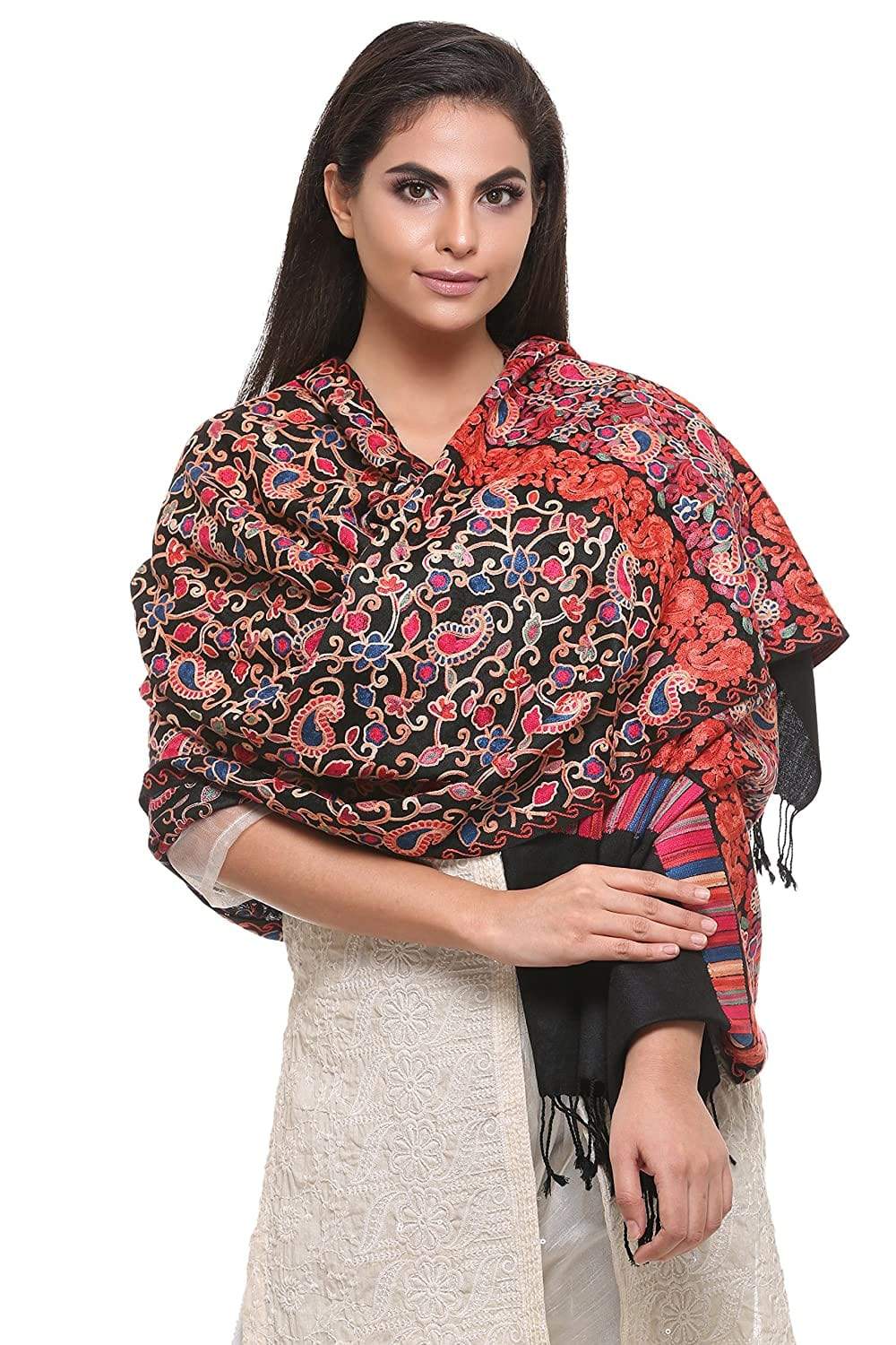 Pashtush Store Stole Pashtush Womens Kashmiri Aari Stole, Fine Wool, Black