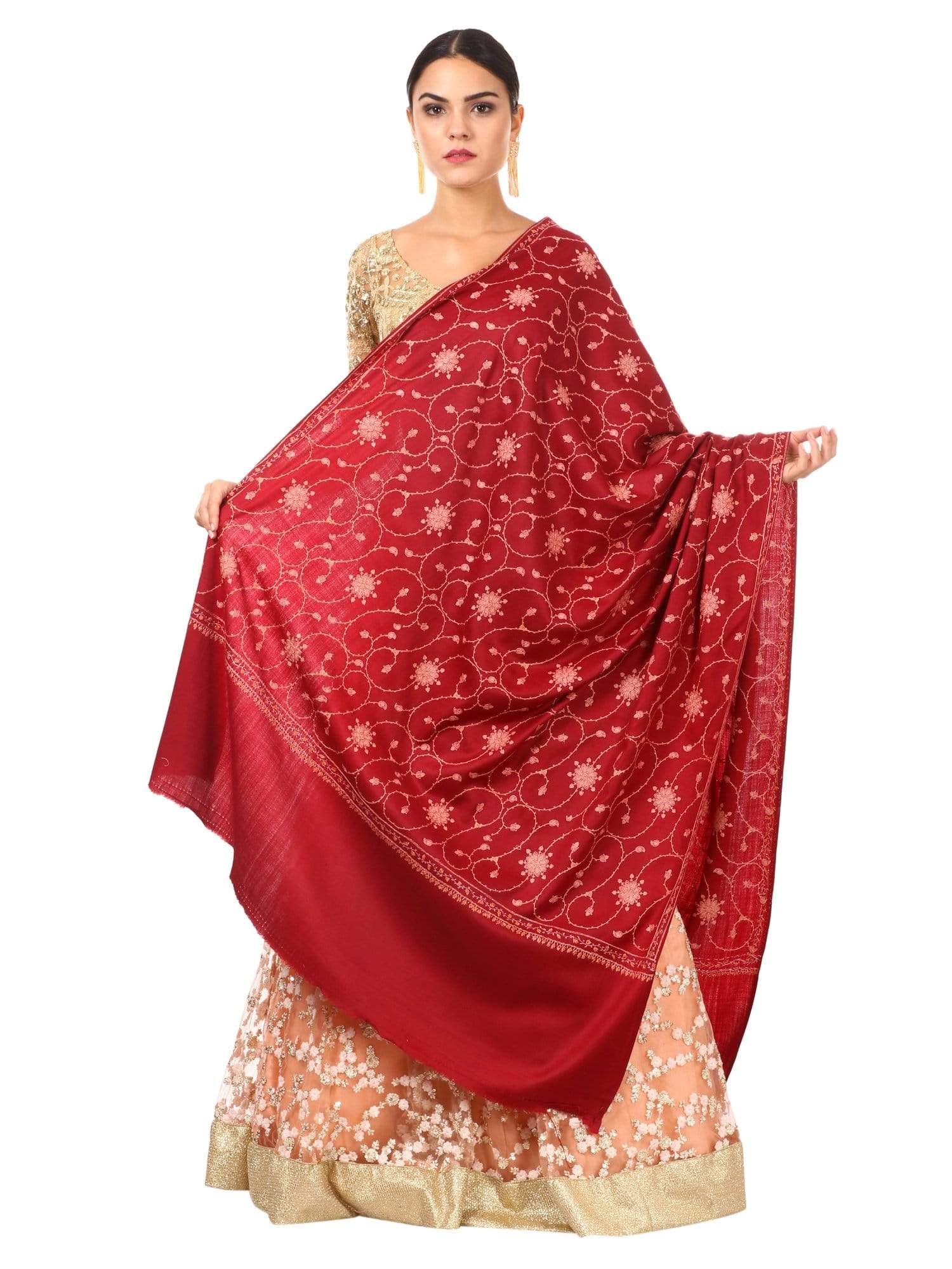 Pashtush India Shawl Pashtush Womens Kashmiri Embroidery Jaal, Fine Wool, Maroon