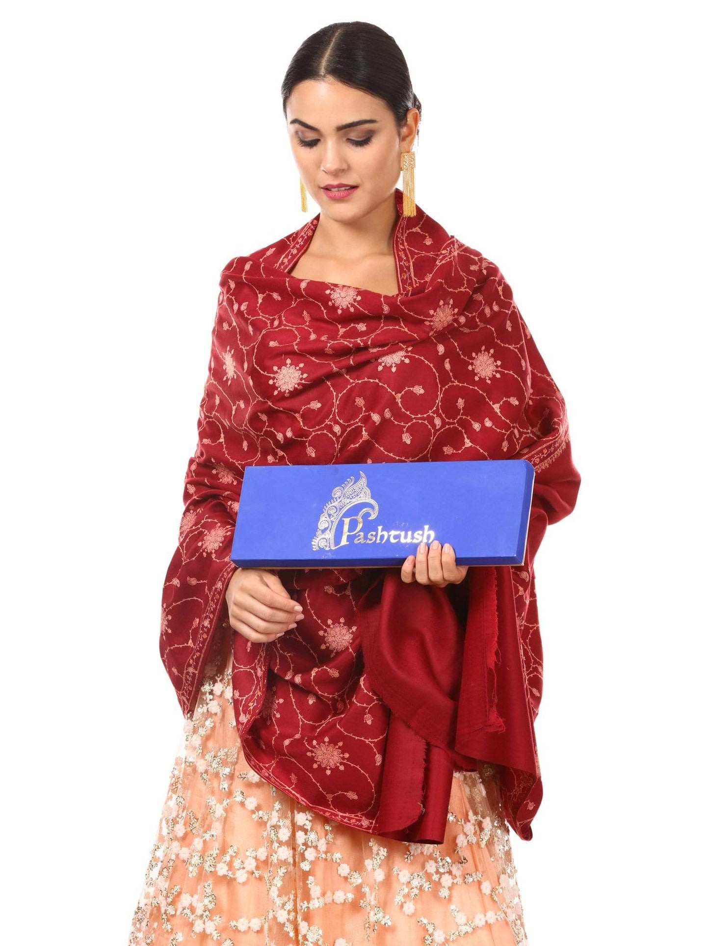 Pashtush India Shawl Pashtush Womens Kashmiri Embroidery Jaal, Fine Wool, Maroon