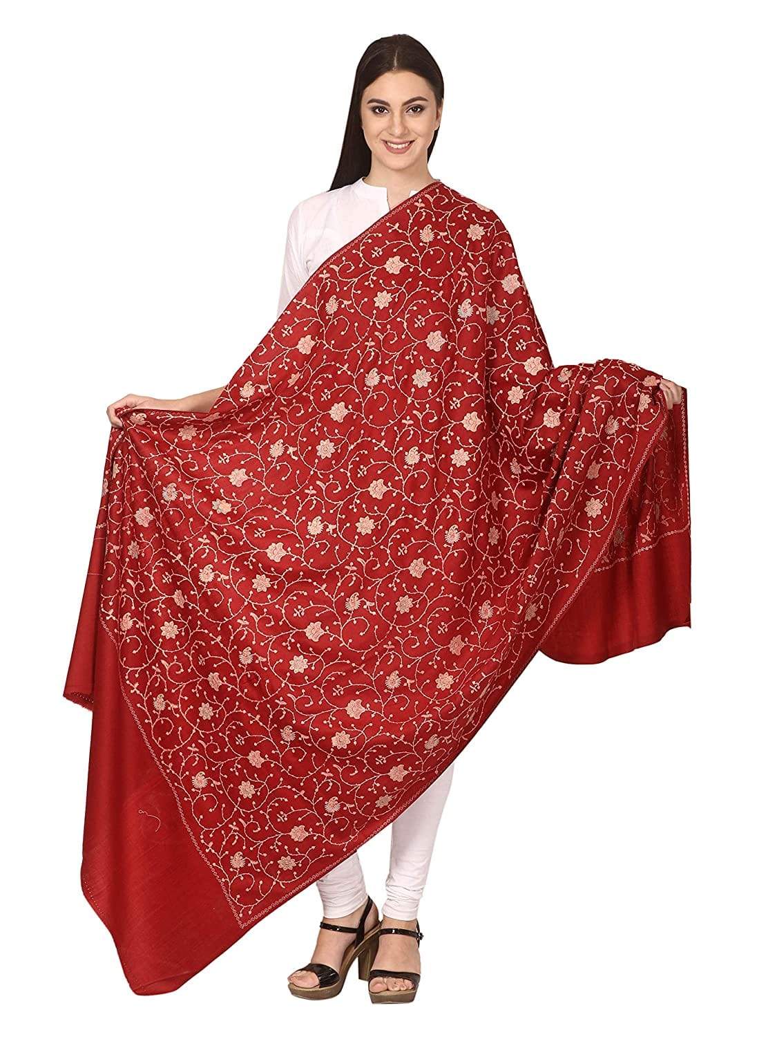 Pashtush India Shawl Pashtush Womens Kashmiri Embroidery Jaal, Fine Wool, Maroon