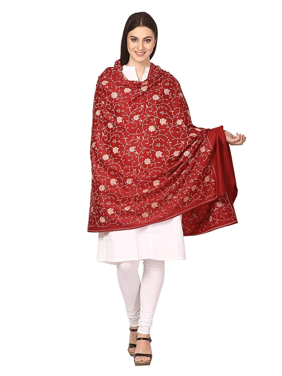 Pashtush India Shawl Pashtush Womens Kashmiri Embroidery Jaal, Fine Wool, Maroon