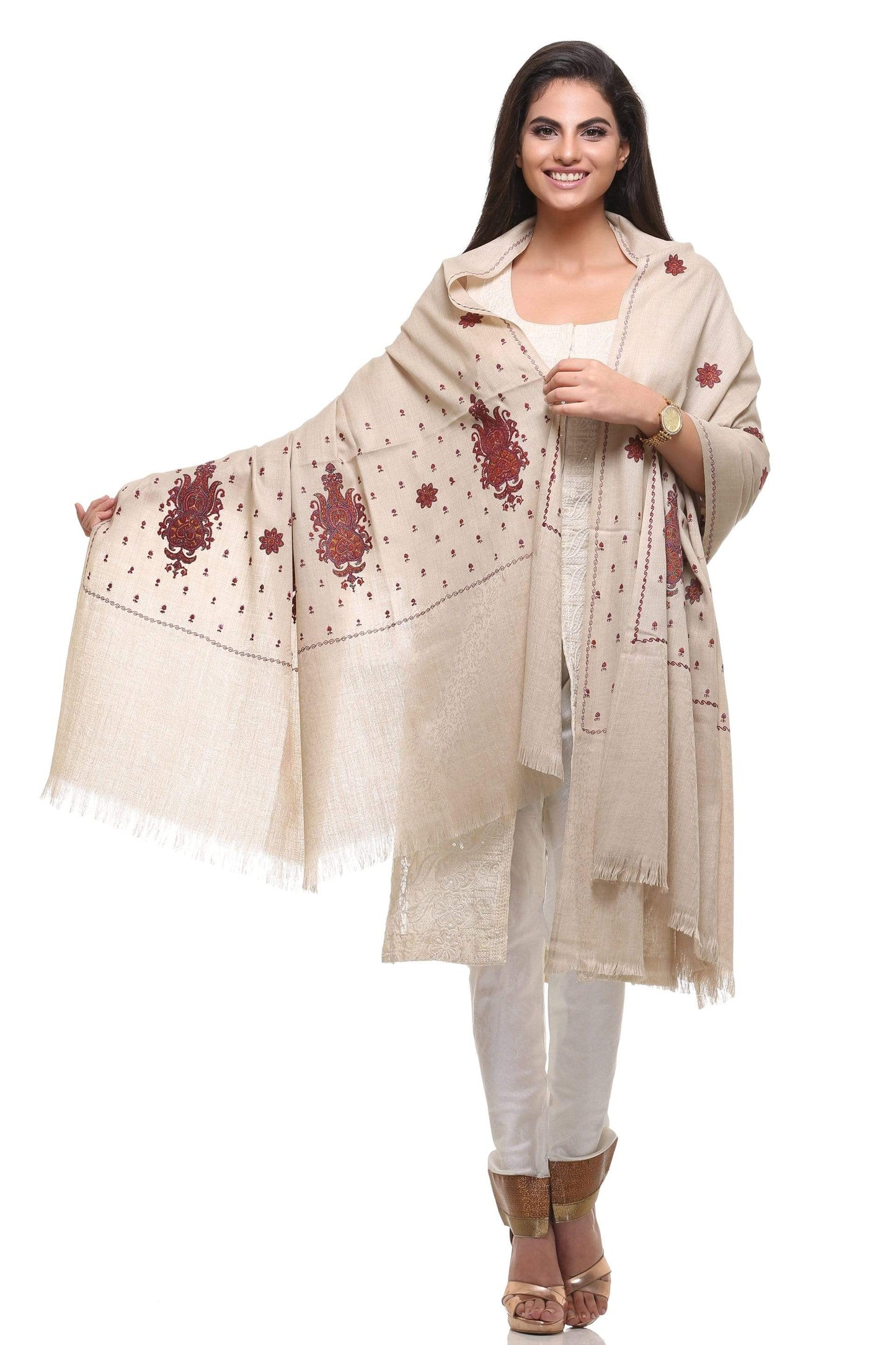 Pashtush India Shawl Pashtush Womens Kashmiri Embroidery Shawl, Beige